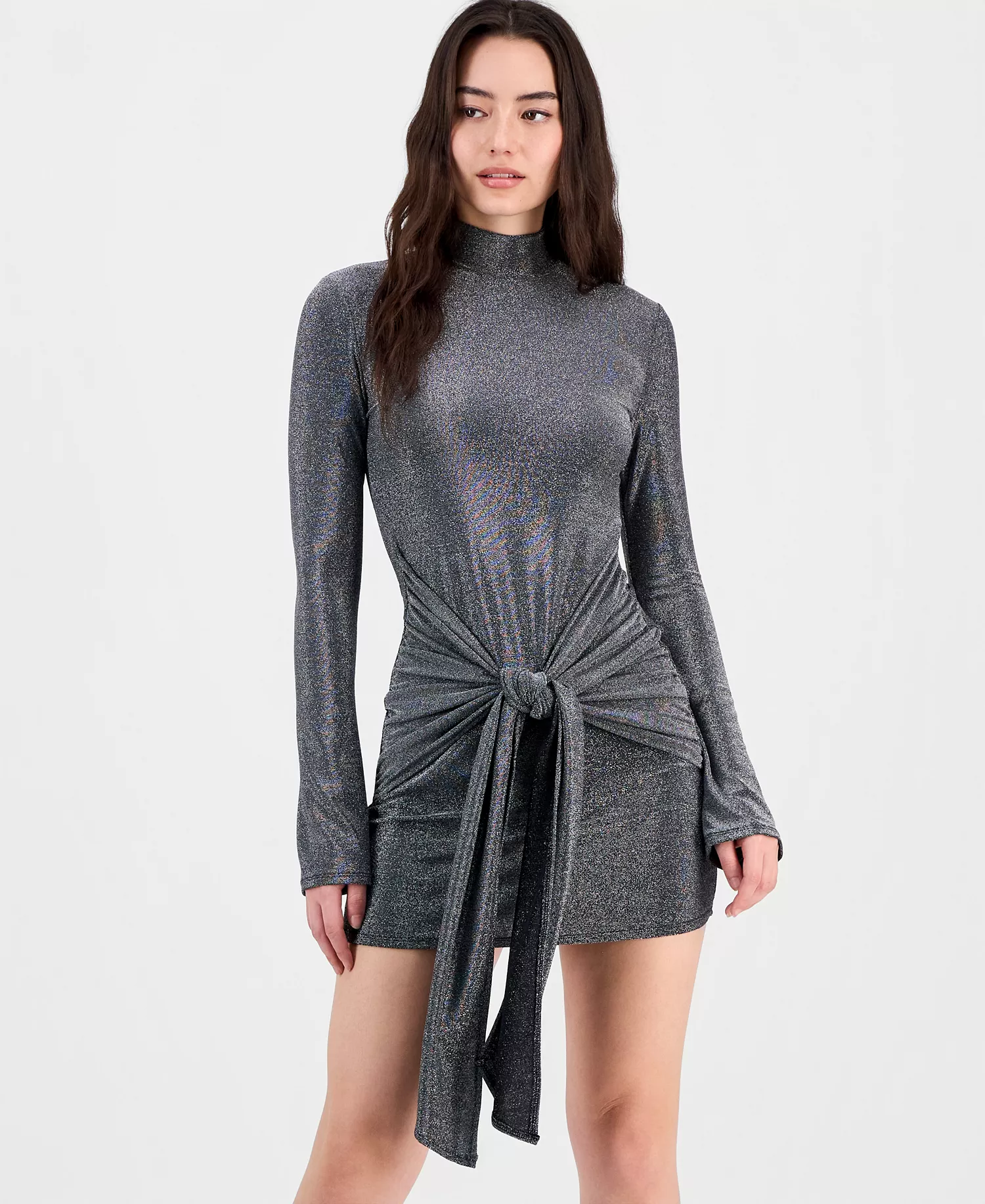 Women's Tie-Front Shine Minidress, Macy's Exclusive - Gunmetal - L