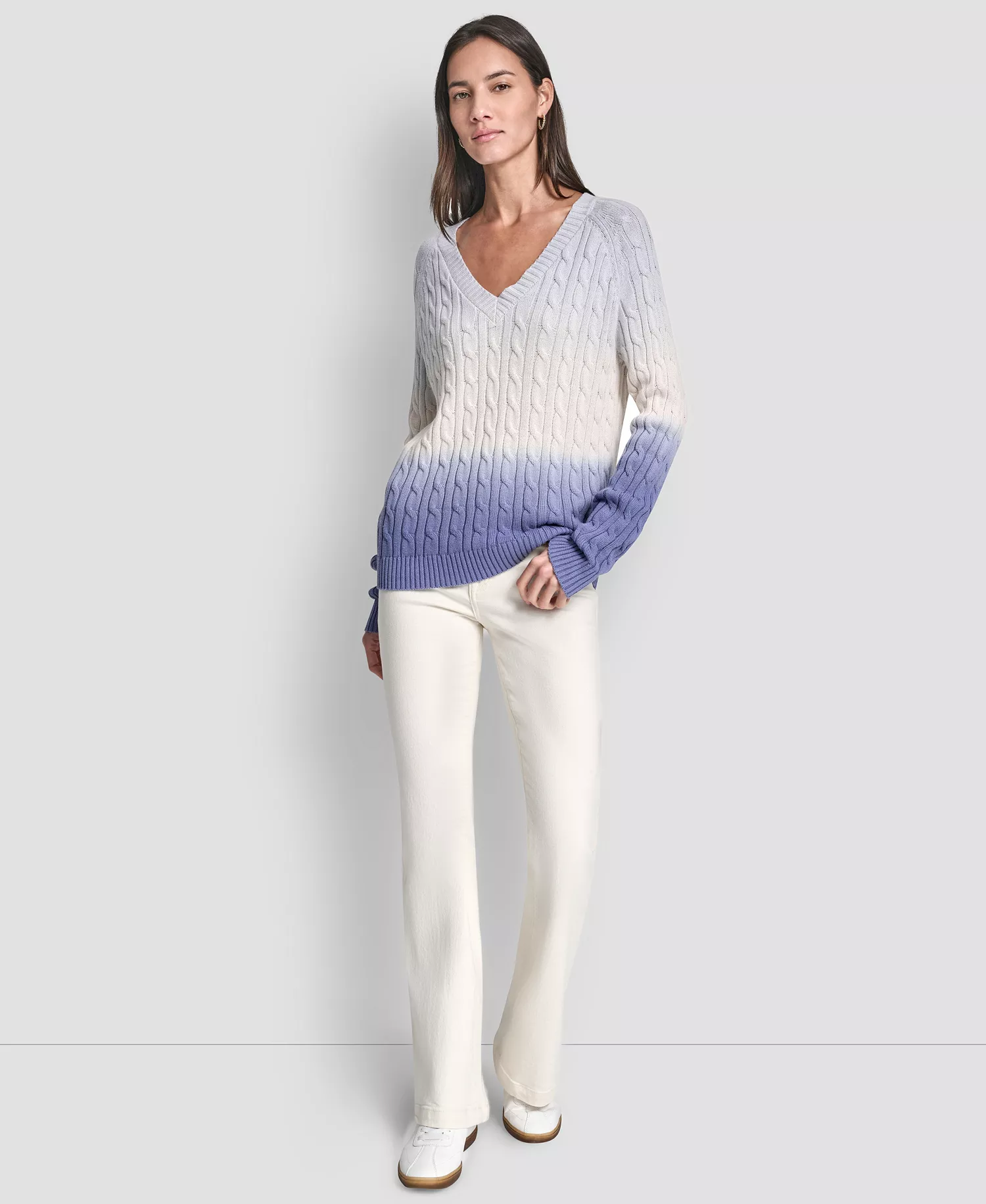 Women's Deep Dye V-Neck Cable Sweater - Frost Blue Combo - L