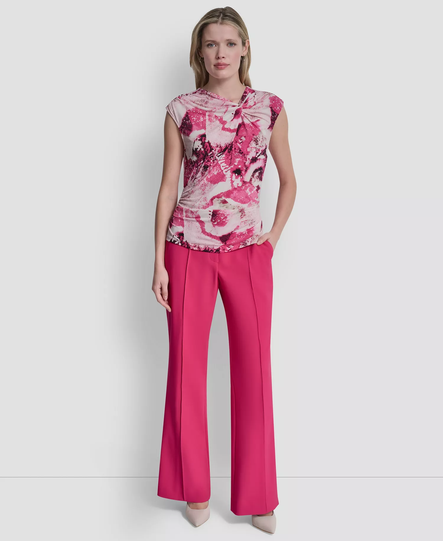 Women's Asymmetric Neck Cap-Sleeve Top - Hot Pink/Pebble Multi - L
