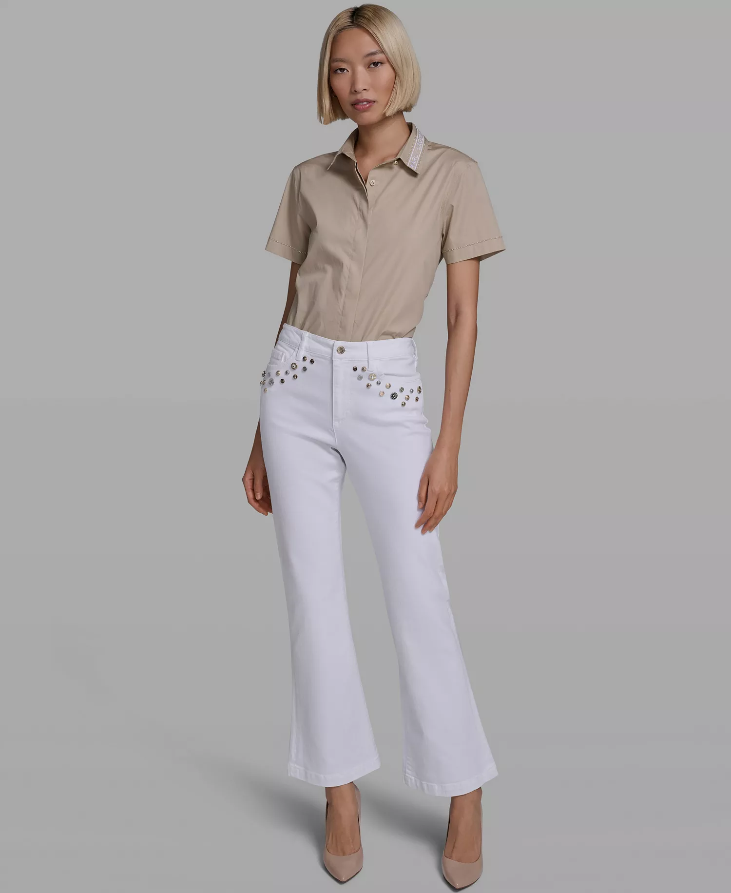 Women's Mid-Rise Studded-Pocket Straight Jeans - White Denim - 0