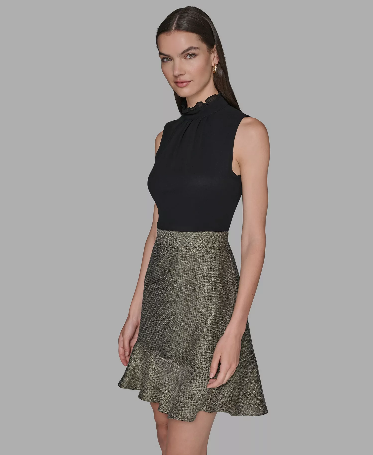 Women's Mock Neck Flounce Hem A-Line Dress - Black/Gold multi - 14