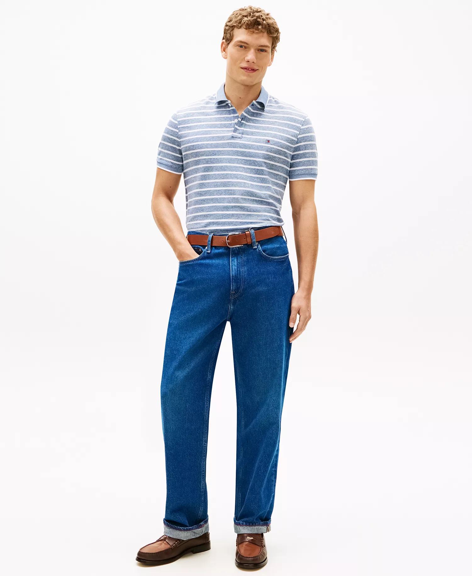 Men's Regular-Fit Tipped Linen Polo Shirt  - Blue Jean / White - L