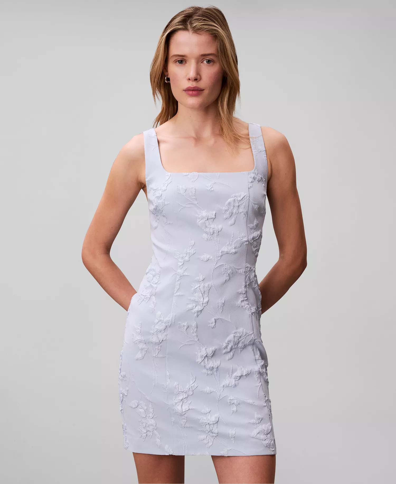 Women's Floral Square Neck Mini Dress - Breezy Blue Floral Cuttings Cloque Jacquard - 10