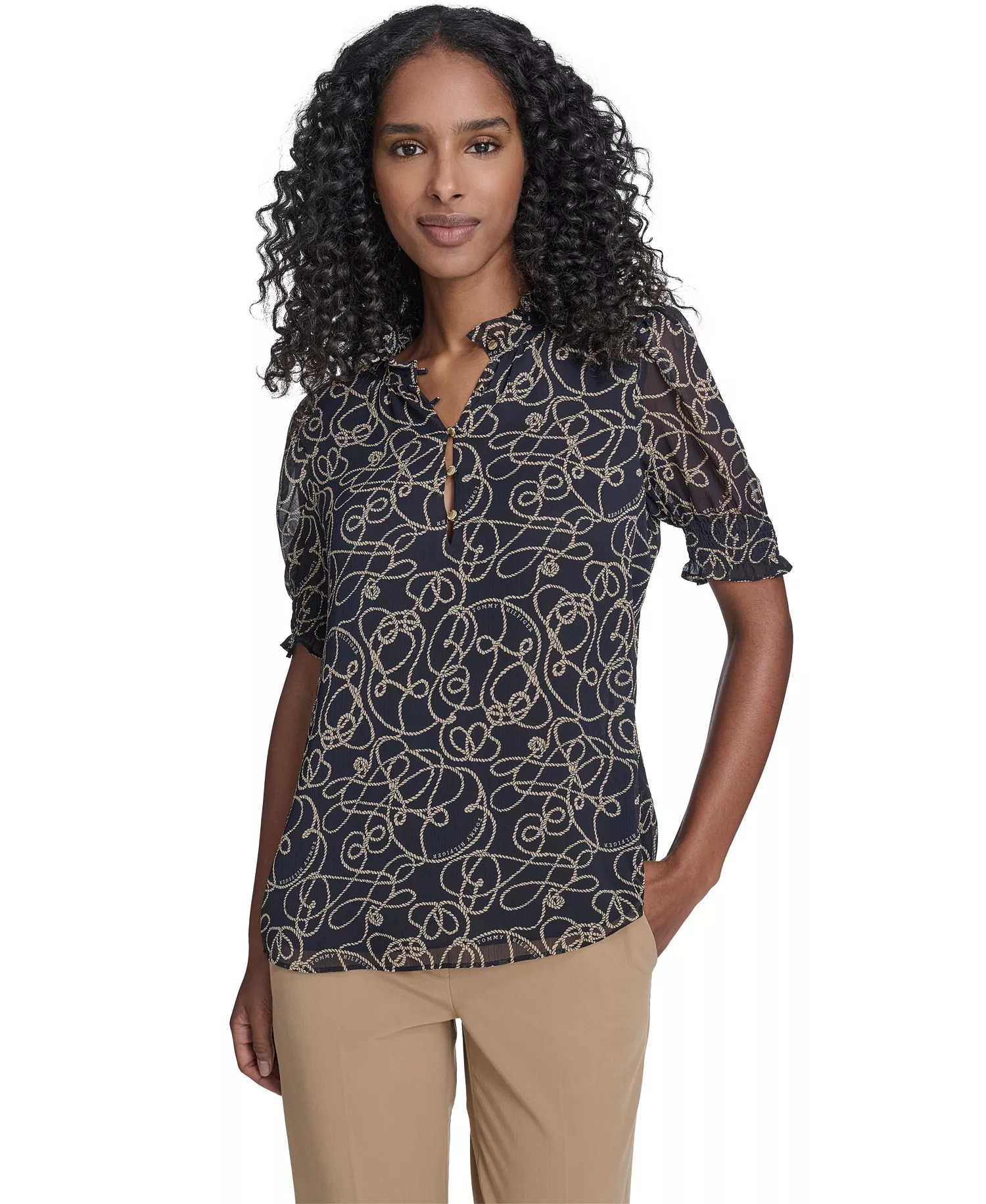 Women's Rope Print Ruffle Mock Neck Blouse - Midnight/ Irish Cream - L