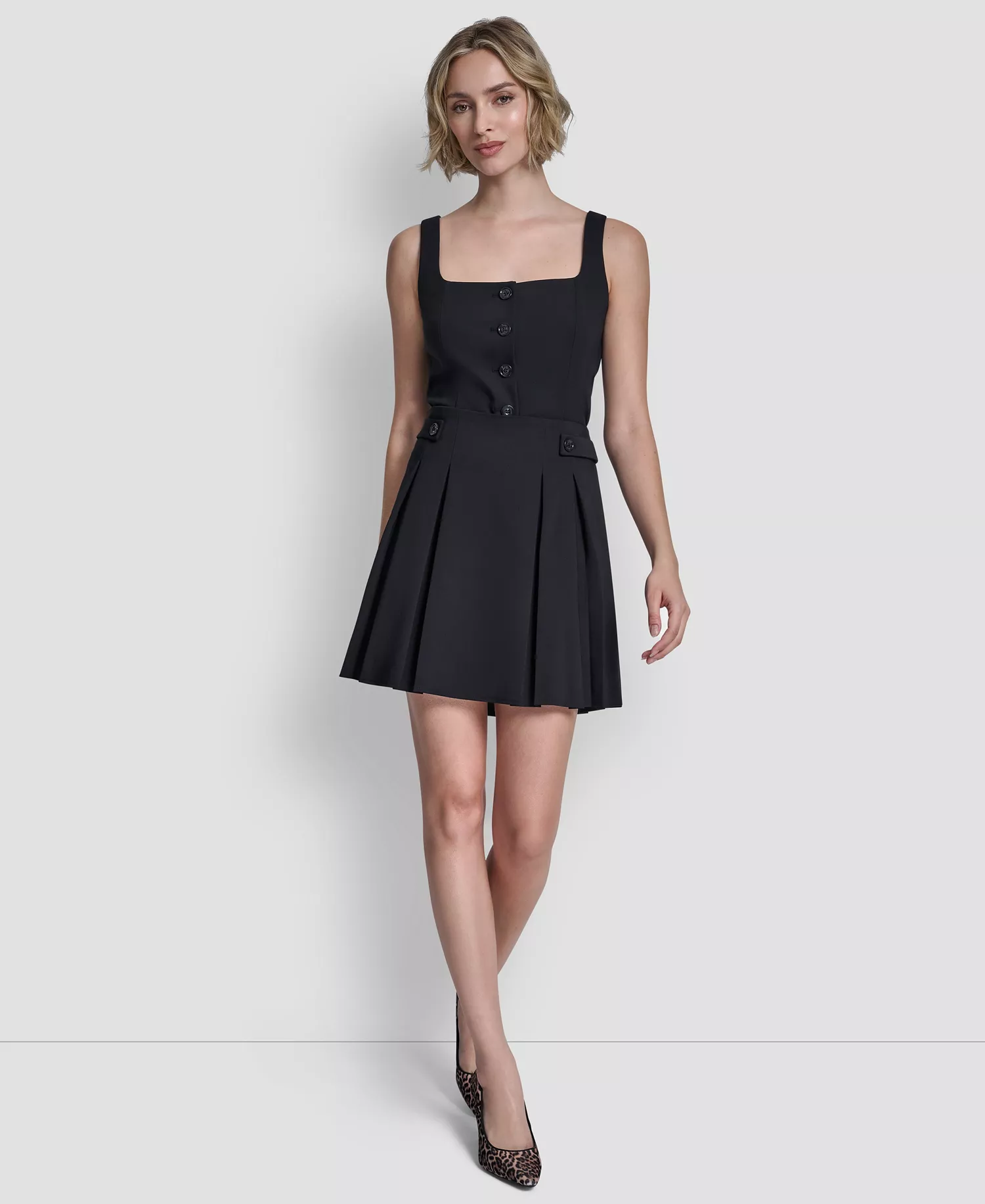 Women's Button Front Vest Top and Pleated Mini Skirt - Navy - 10