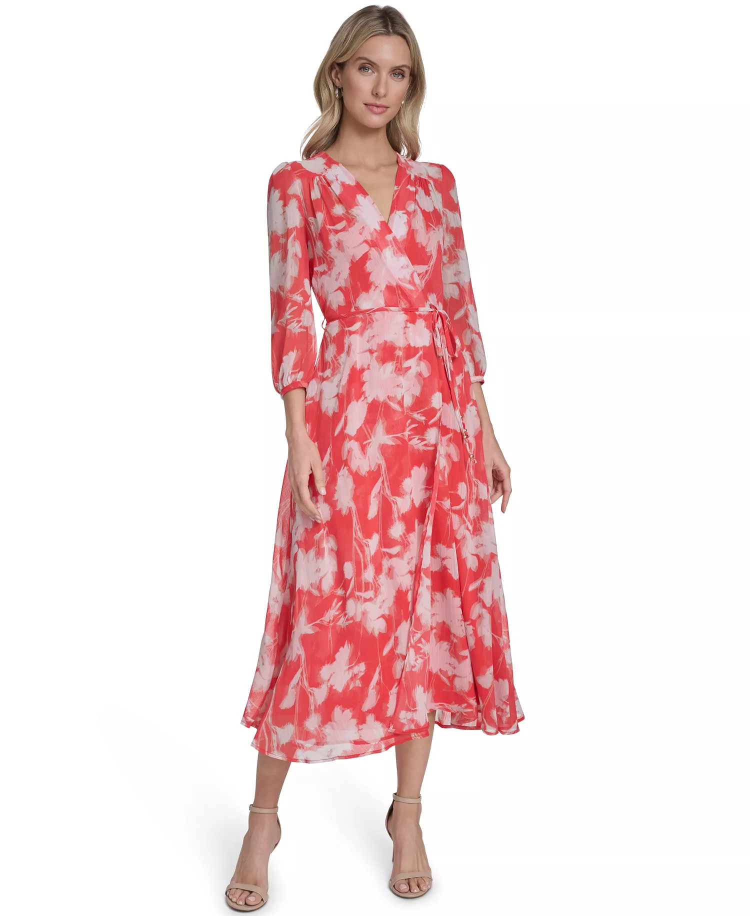 Women's 3/4-Sleeve V-Neck Midi Dress - Ginger Multi - 10