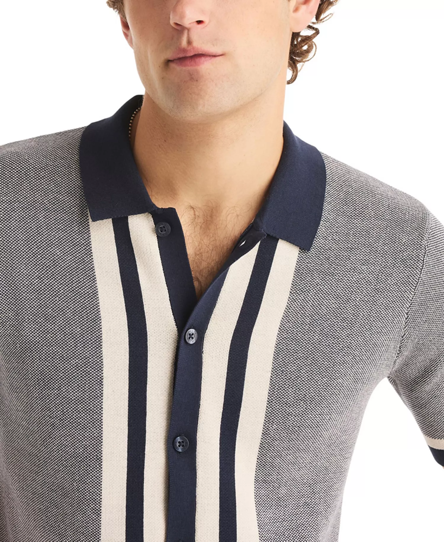 Men's Jacquard Short-Sleeve Sweater Shirt - Navy Seas - 2XL