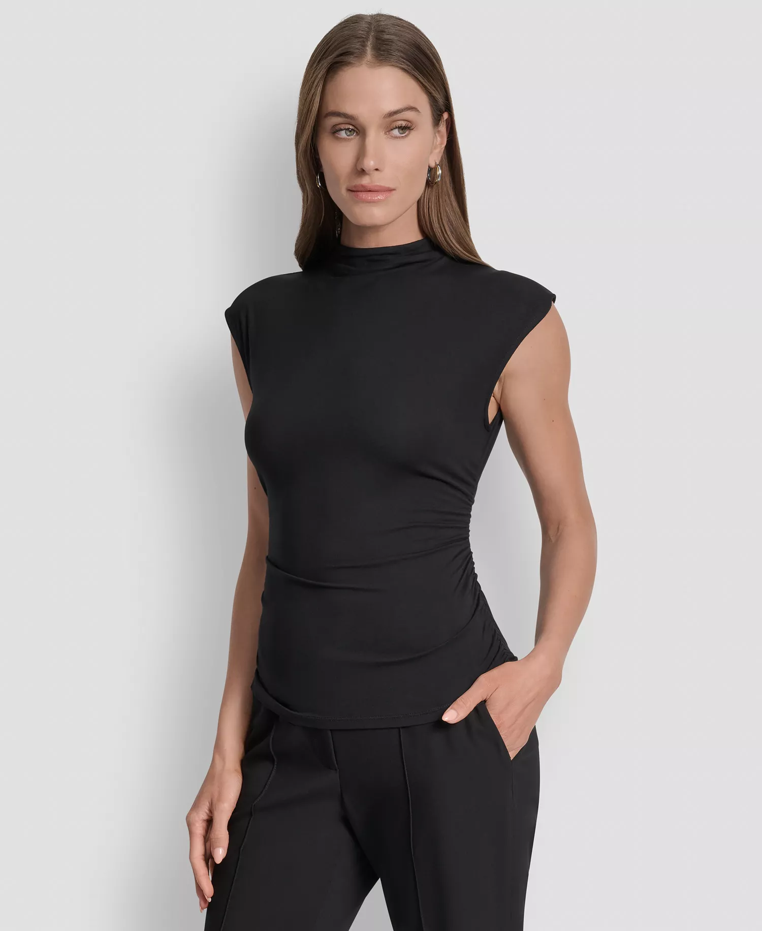 Petite Mock-Neck Sleeveless Side-ruched Knit Top - Black - PL