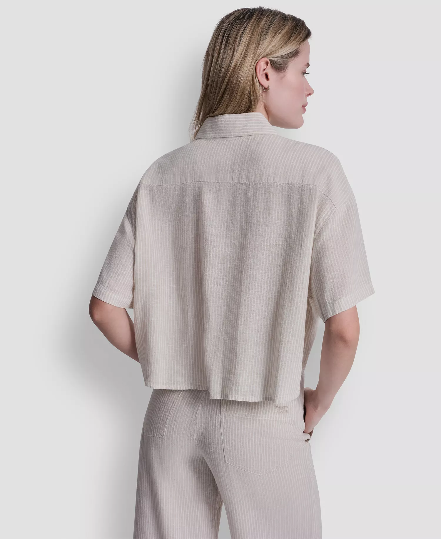 Women's Oversized Linen-Blend Cropped Short Sleeve Shirt - Lex Pebble - L