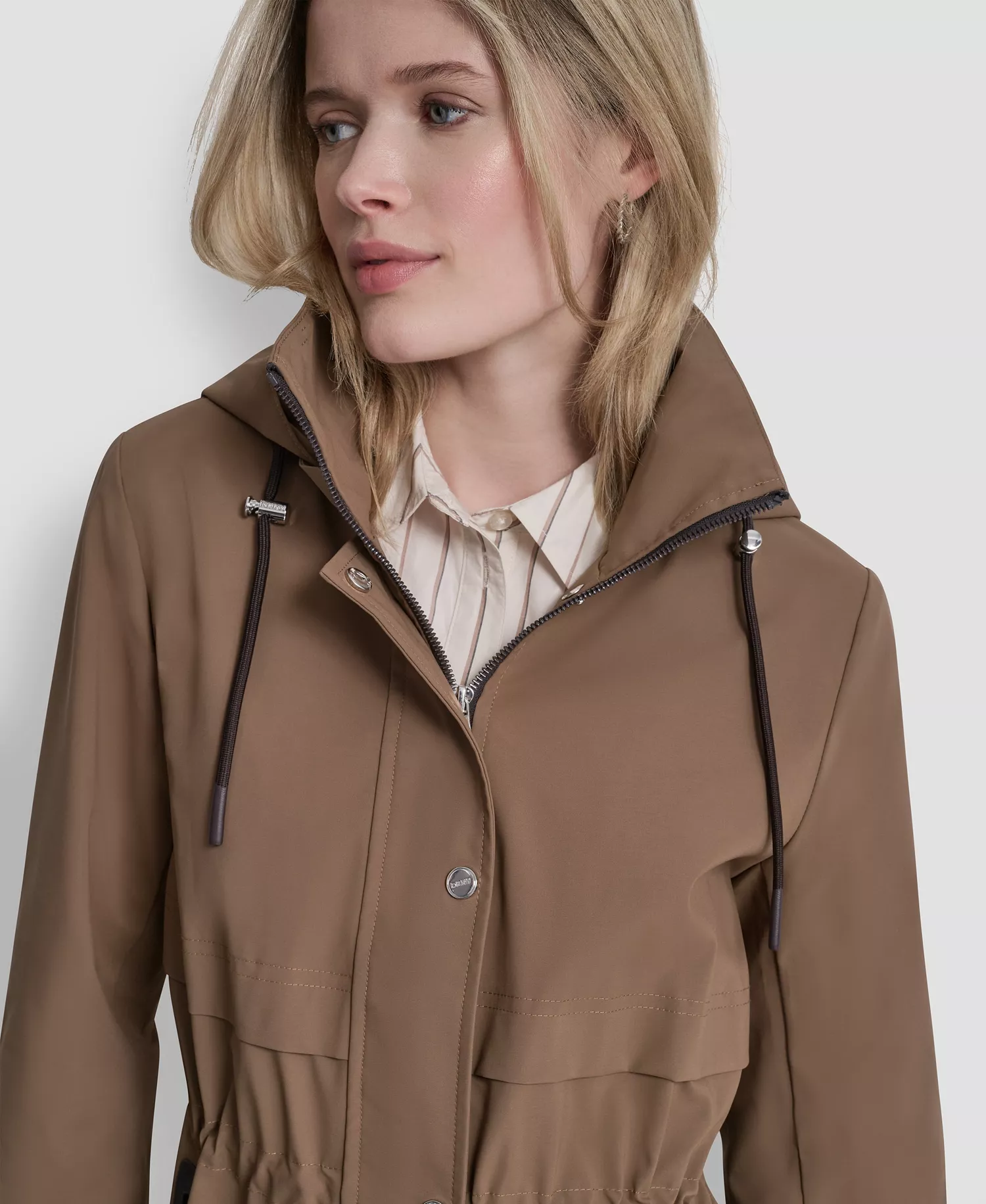 Women's Pleather Trim Anorak Rain Coat - Mocha - L