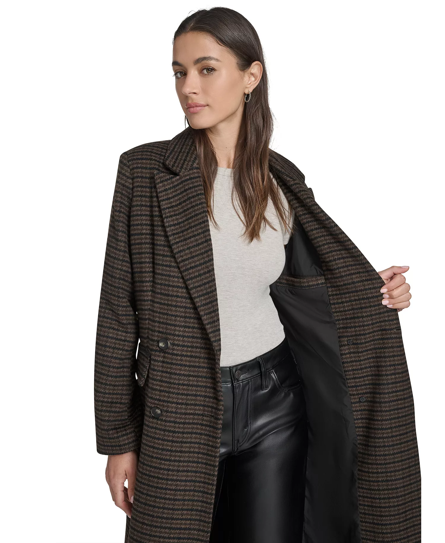 Women's Regular Double Breasted Blazer Coat - Black/Brown Houndstooth - L