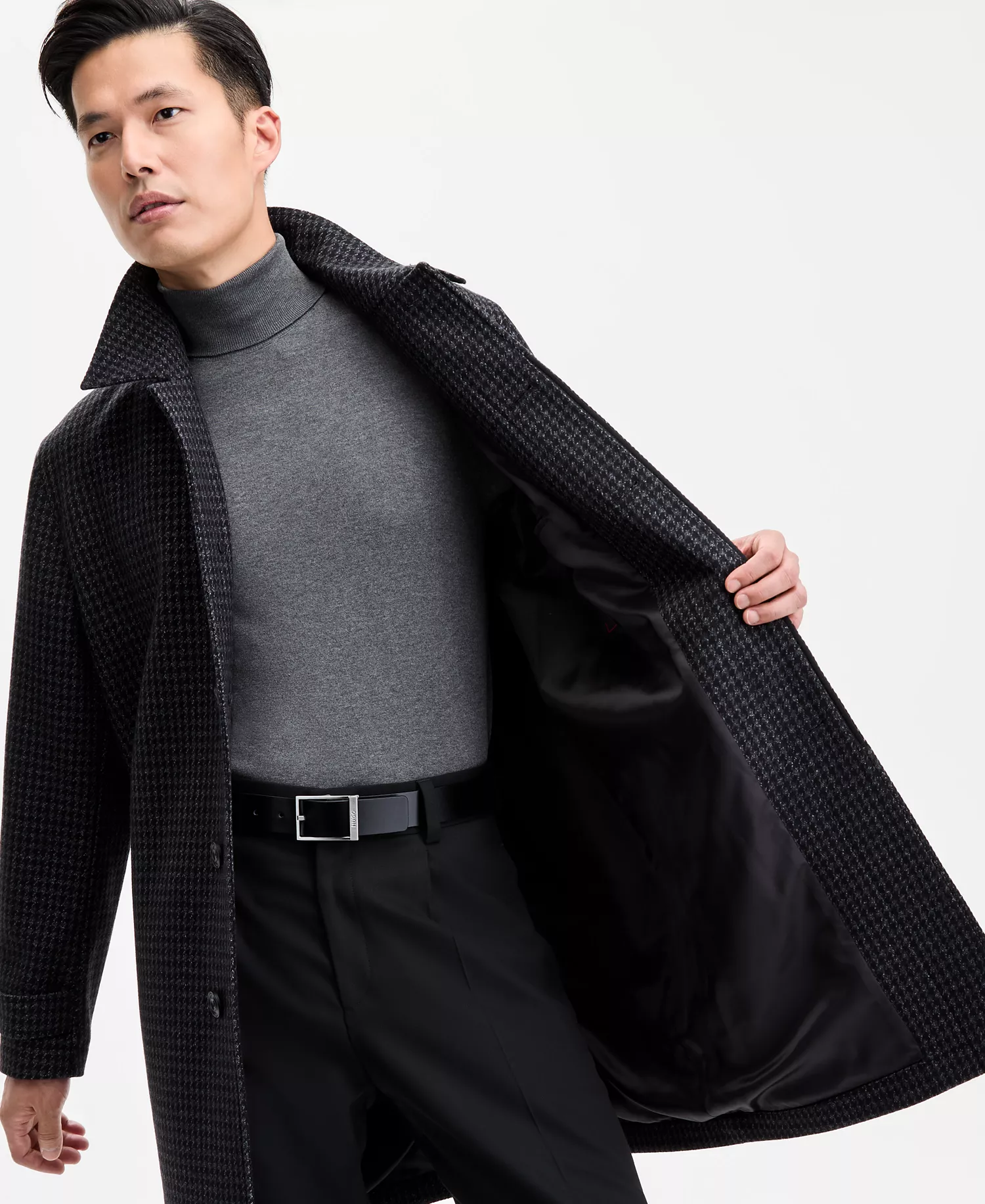 Men's Regular-Fit Houndstooth Overcoat - Black - 2XL