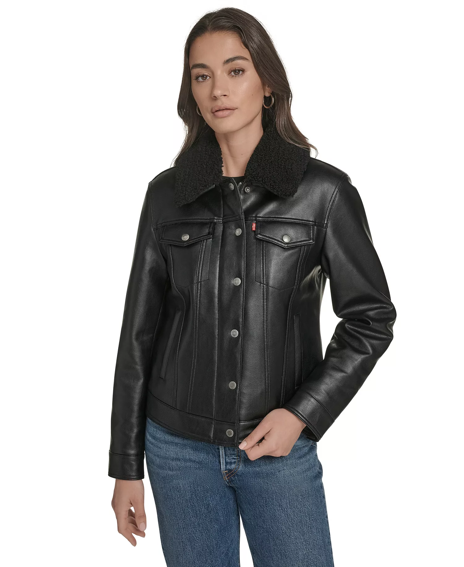 Women's Regular Faux Leather Trucker Jacket - Black - L