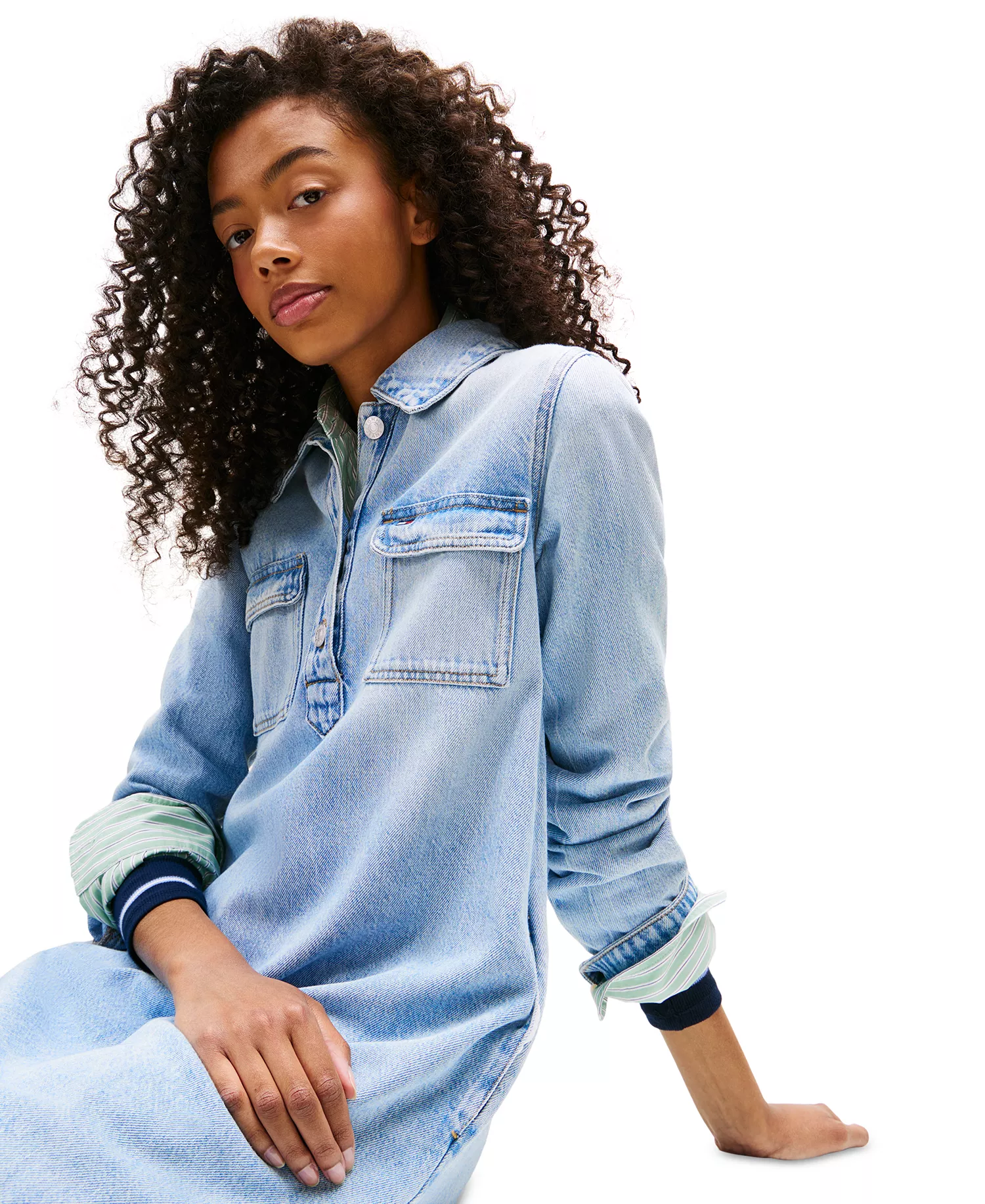 Women's Cotton A-Line Long-Sleeve Denim Dress  - Denim Light - L