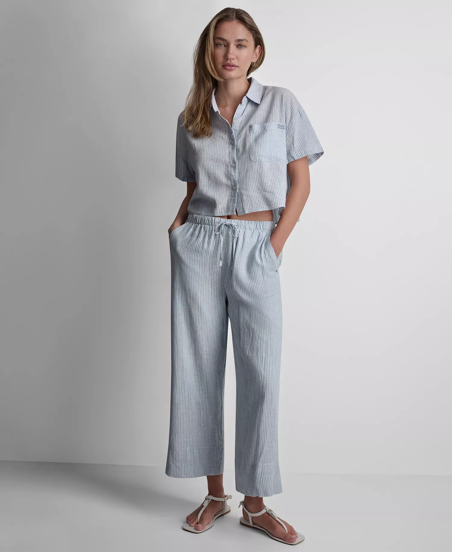Petite Linen-Blend High-Waist Wide-Leg Drawstring Pants - Lex Chambray - PL