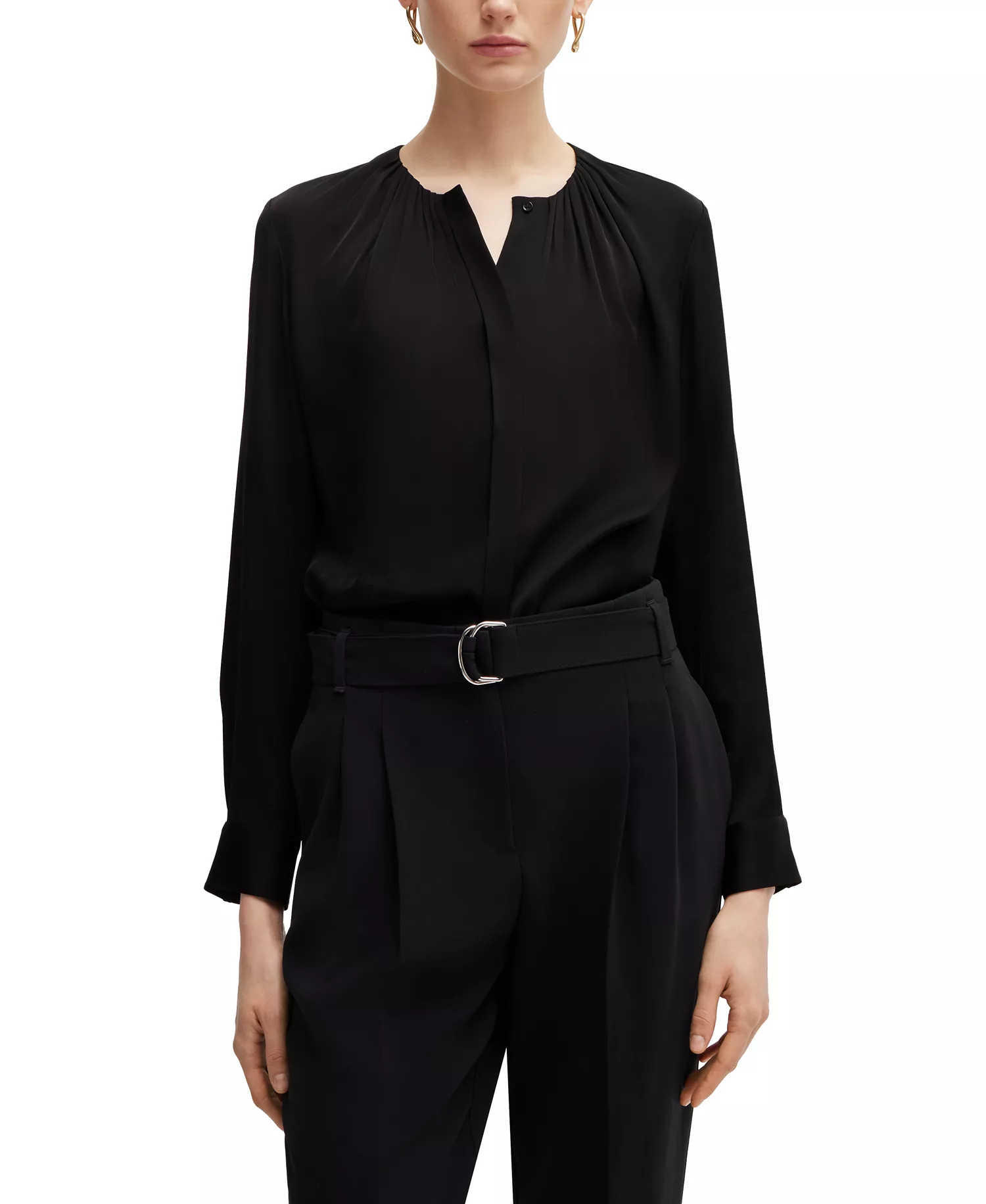 Women's Stretch-Silk Crepe De Chine Ruched-Neck Top - Black - 4