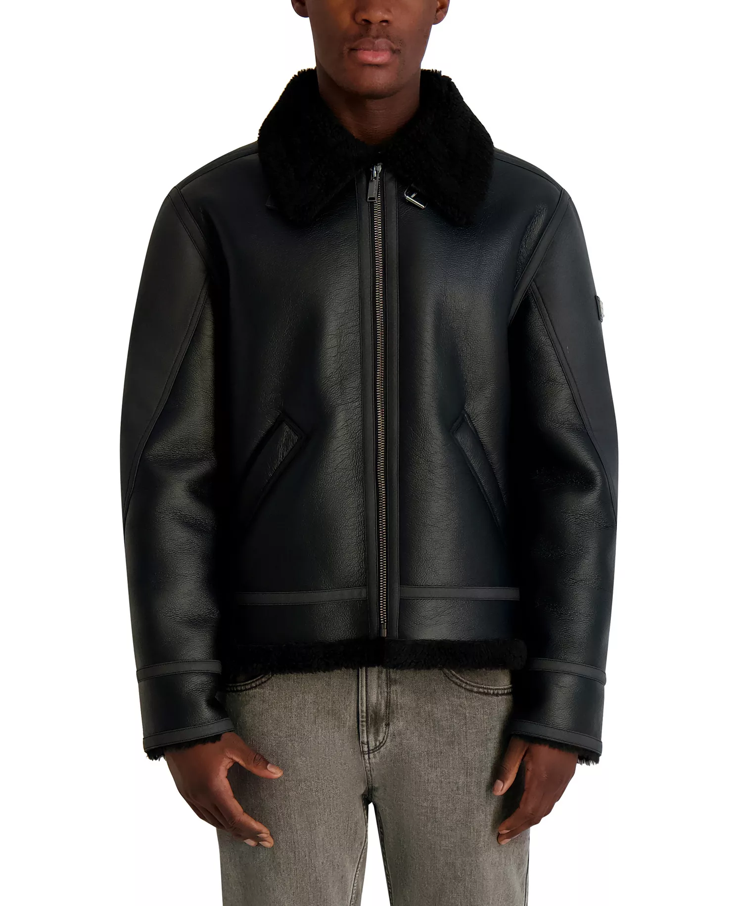 Men's Faux Leather Sherpa Lined Collared Jacket - Black - 2XL