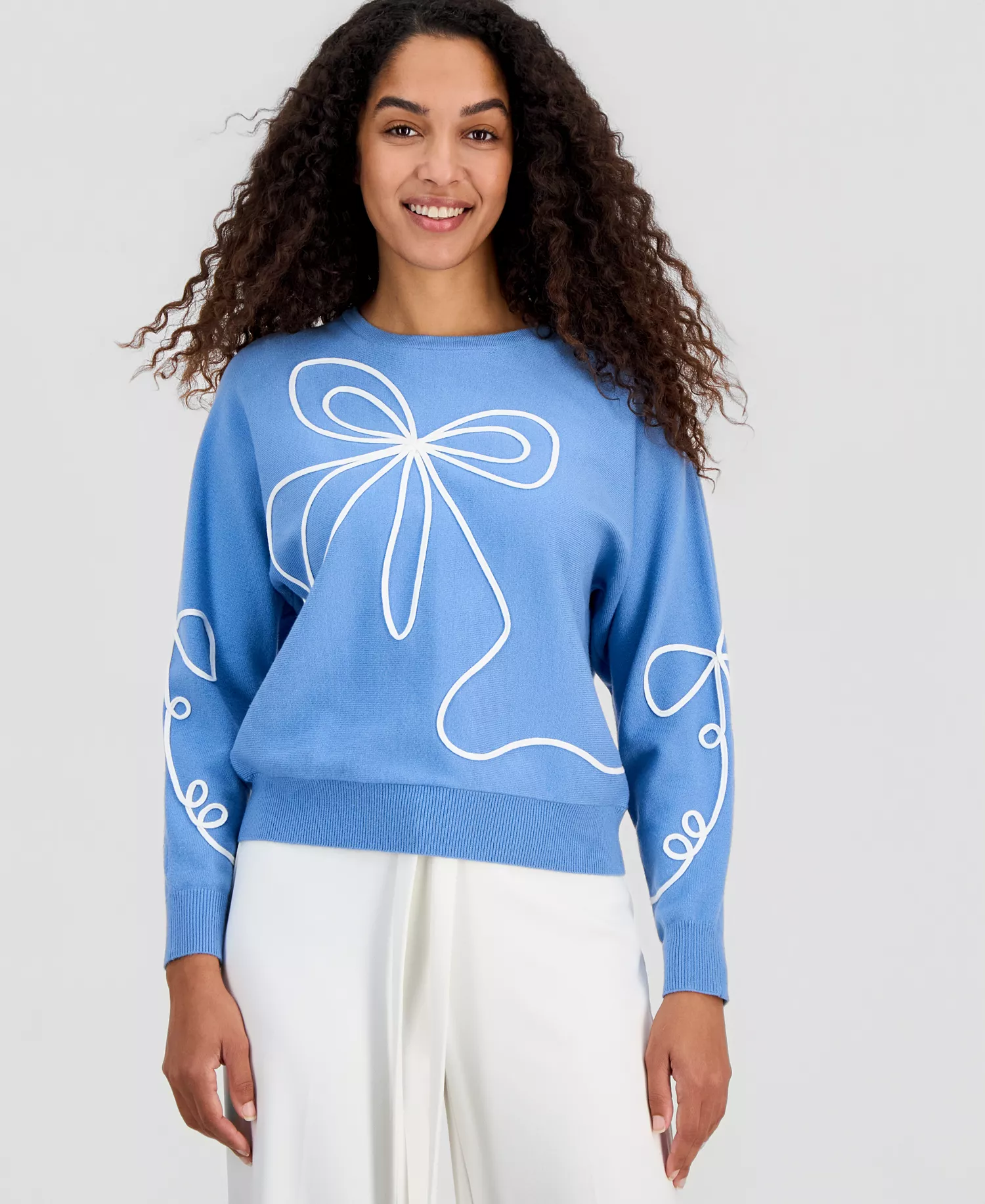 Women's Soutache Bow Crewneck Sweater - Light Blue - L