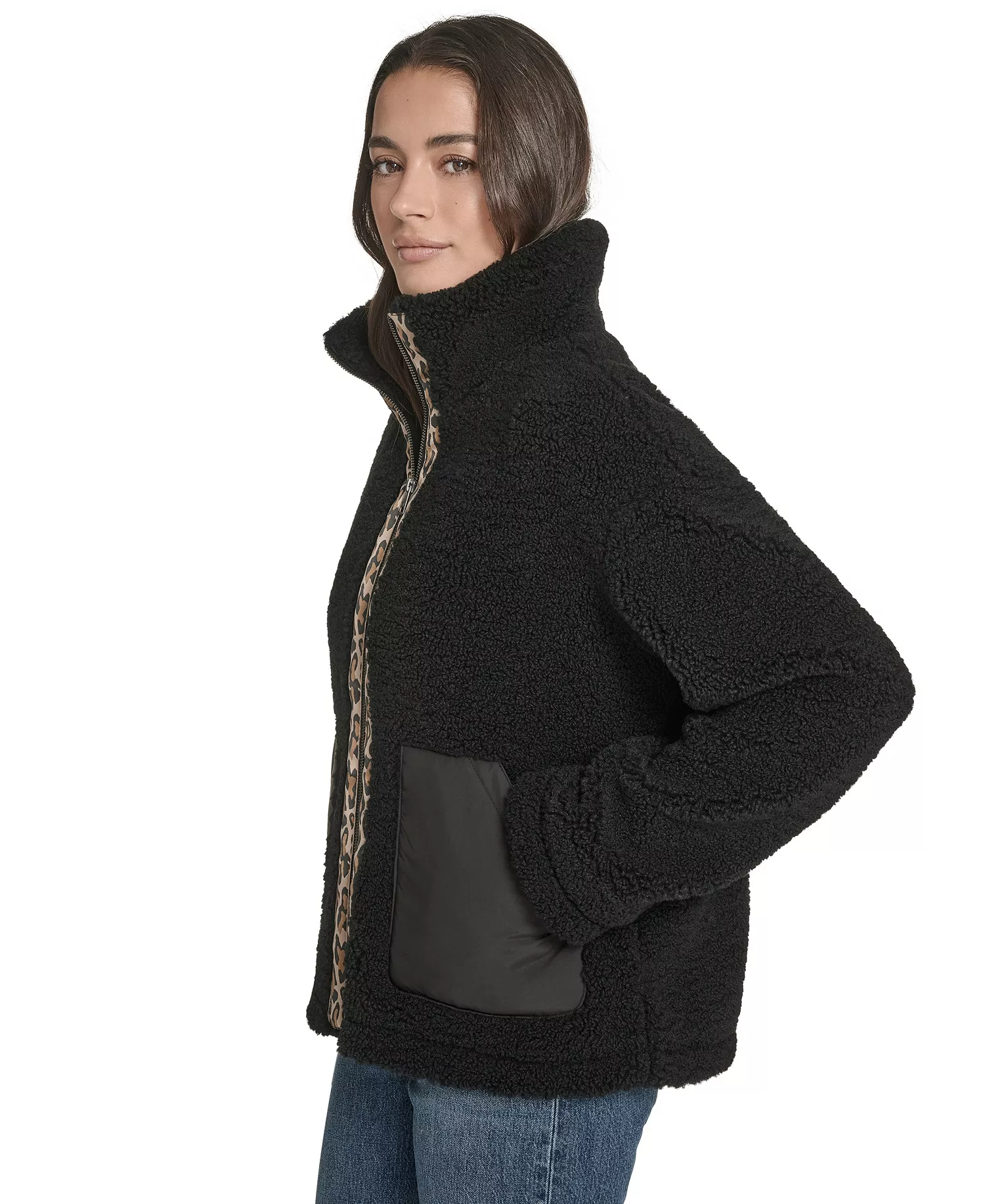 Women's Regular Stand Collar Sherpa Teddy Jacket - Black - M