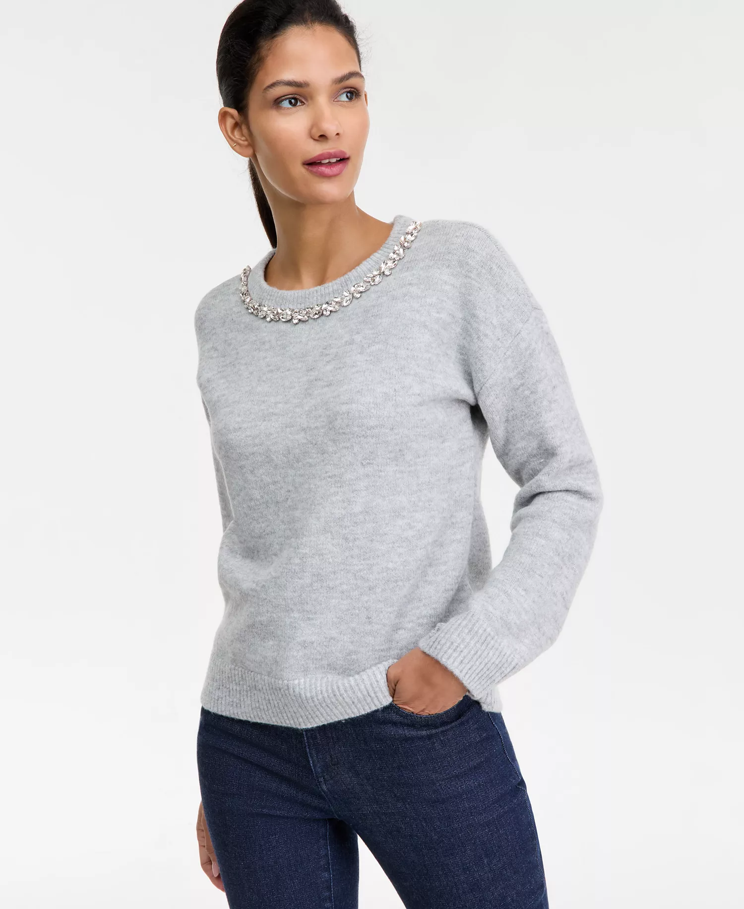 Women's Long-Sleeve Embellished-Neck Sweater - Hthr Belle - XS