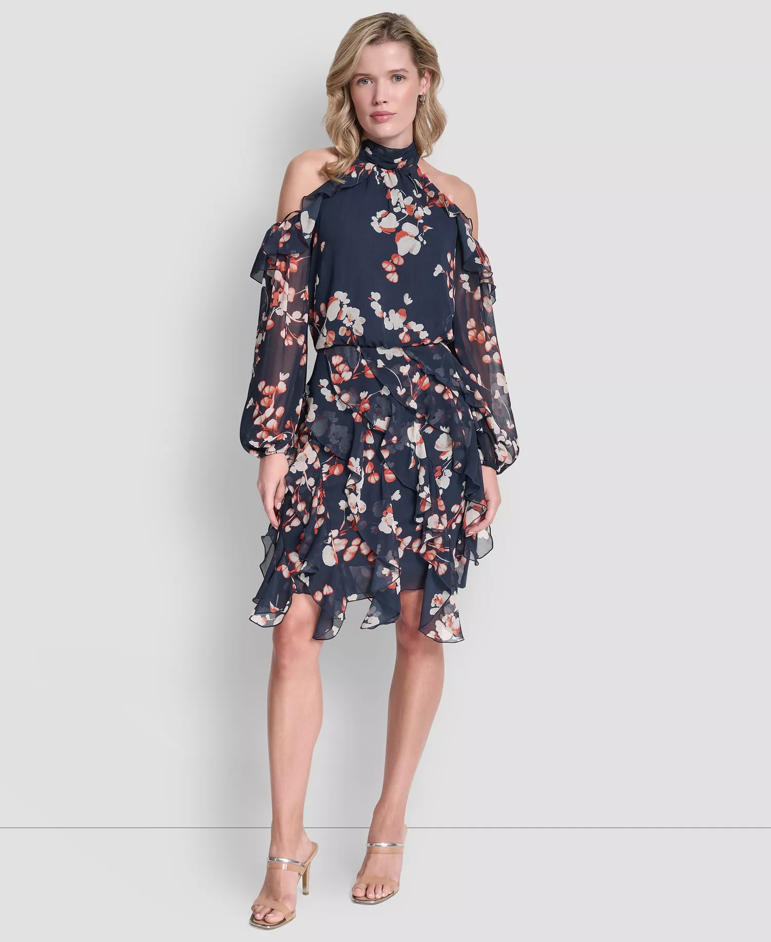 Petite Mock Neck Ruffles Short Dress - Great Lawn Indigo Multi - 0P