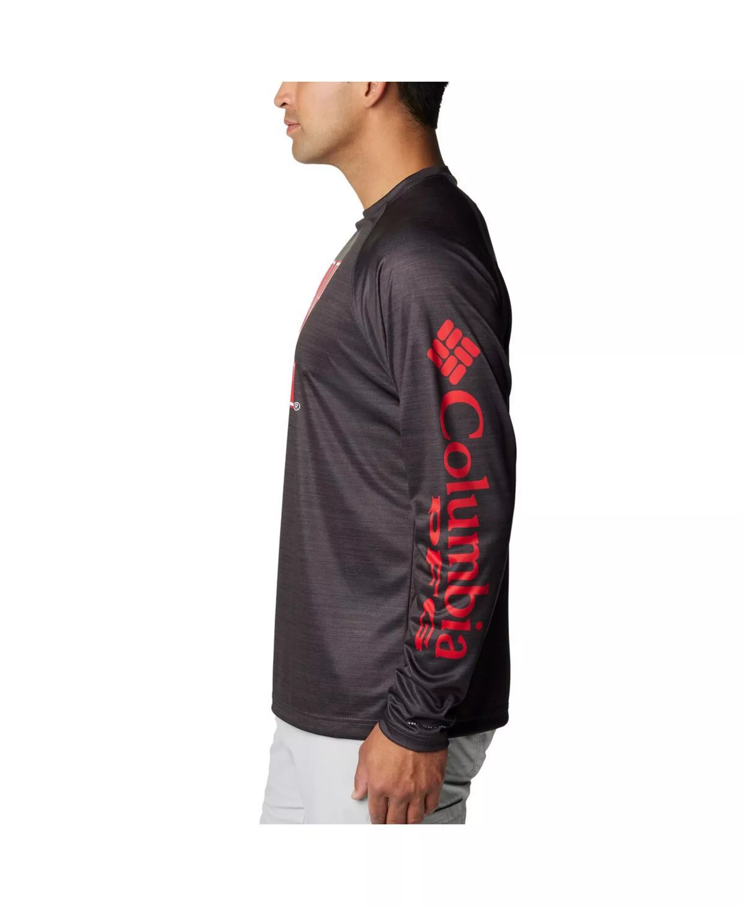 Men's Heather Charcoal Nebraska Huskers PFG Terminal Tackle Omni-Shade Raglan Long Sleeve T-shirt - Heather Charcoal - M