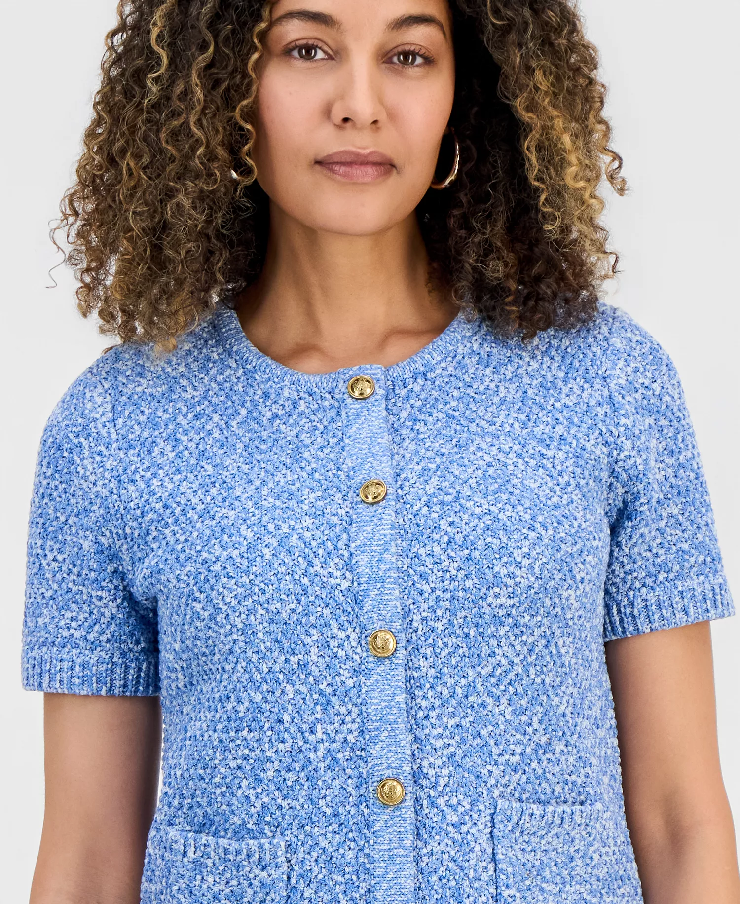Petite Marled Short-Sleeve Cardigan, Macy's Exclusive - Bliss Blue - P/L
