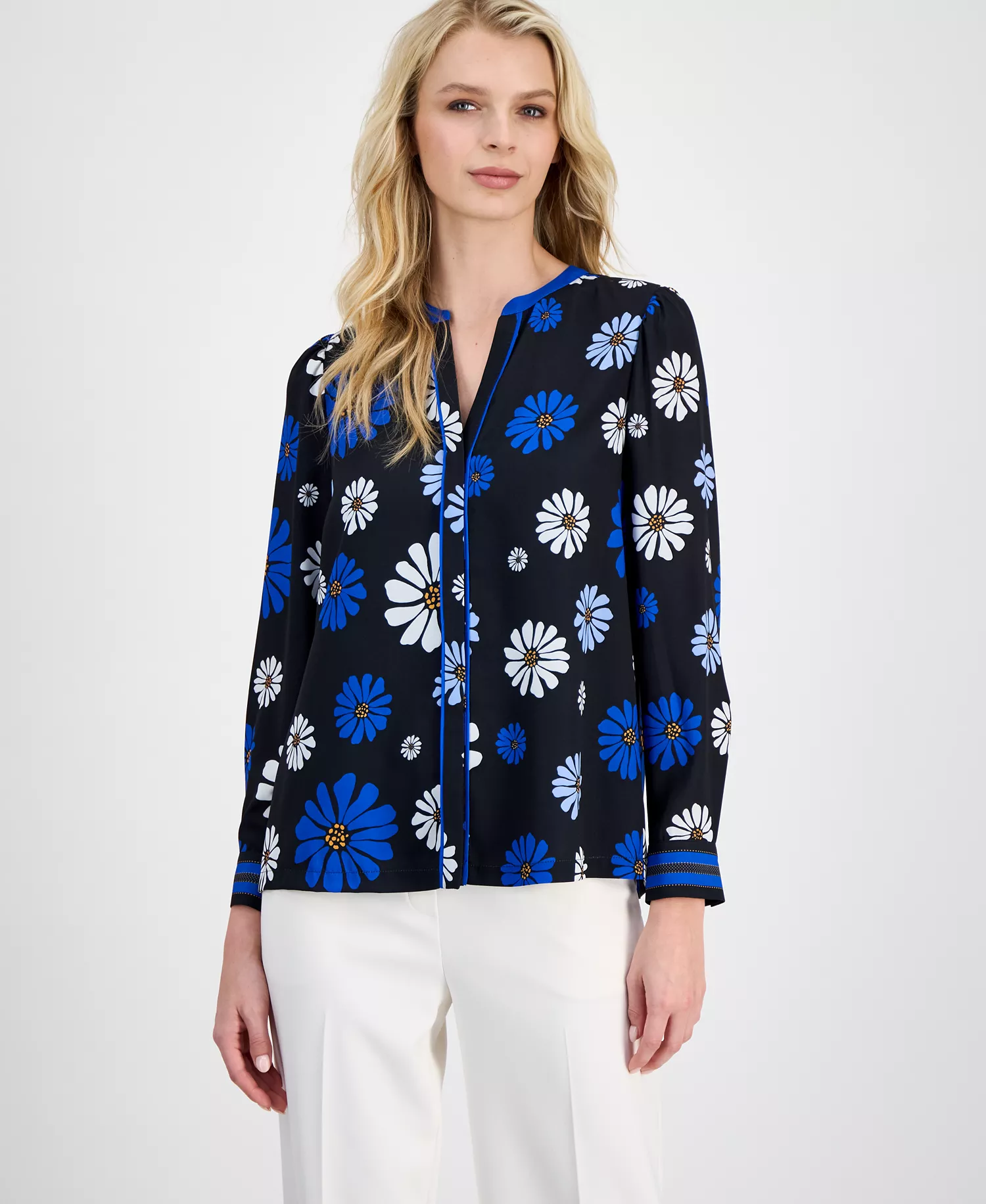 Women's Printed Button-Front Shirt - Colbat Daisy Print - L
