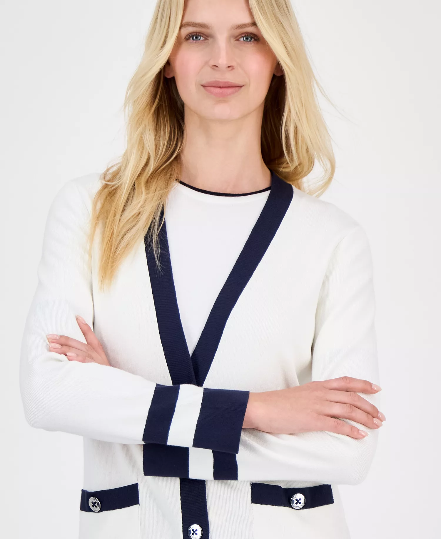 Nautica Women's Striped V-Neck Cardigan - Ivory/ Night Sky - L