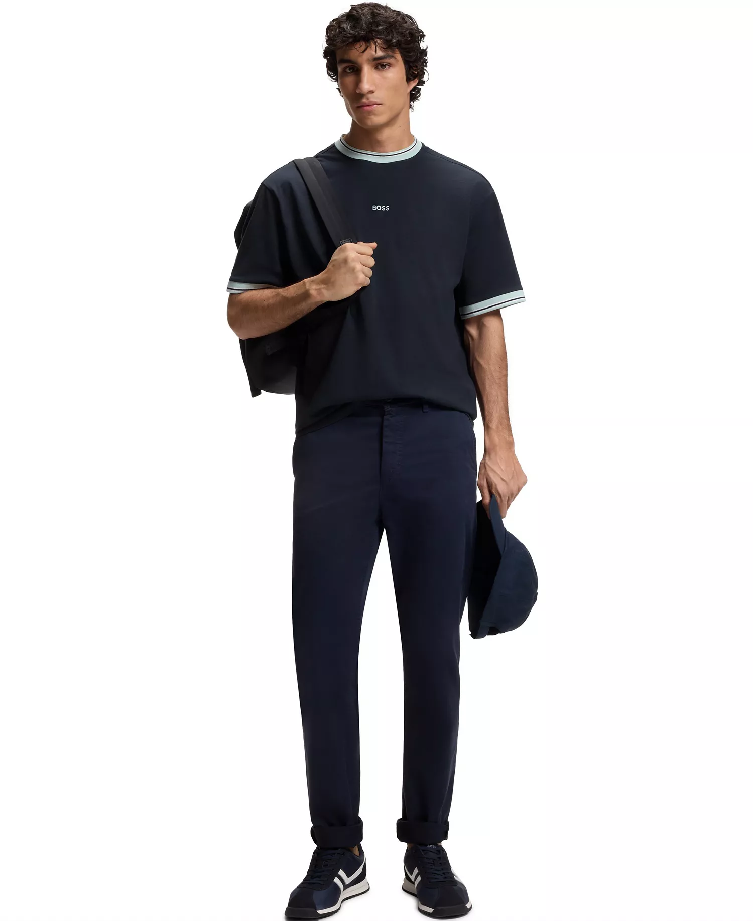 Men's Cotton Striped Trim Relaxed-Fit T-Shirt - Dark Blue - 2XL