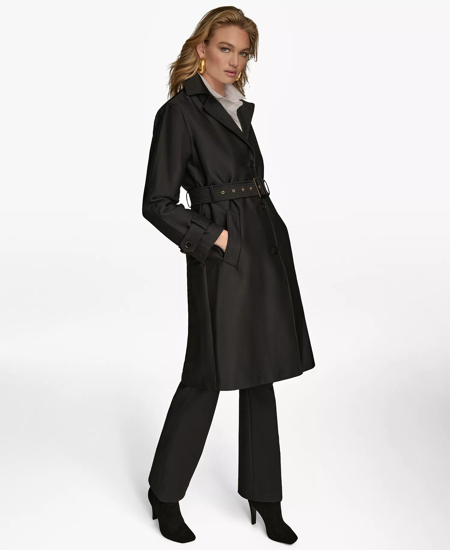 Women's Single-Breasted Belted Trench Coat - Black - L
