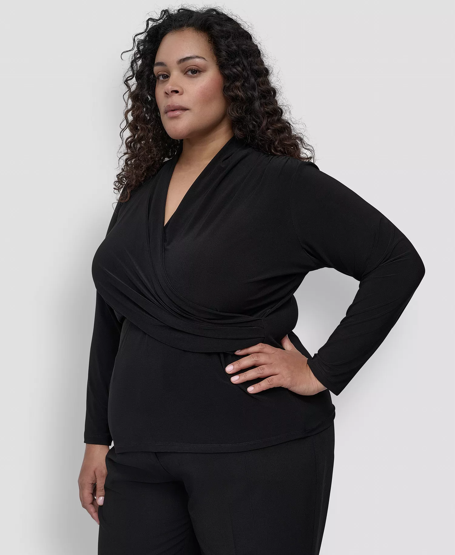 Plus Size Long-Sleeve Faux-Wrap Top - Black - 1X