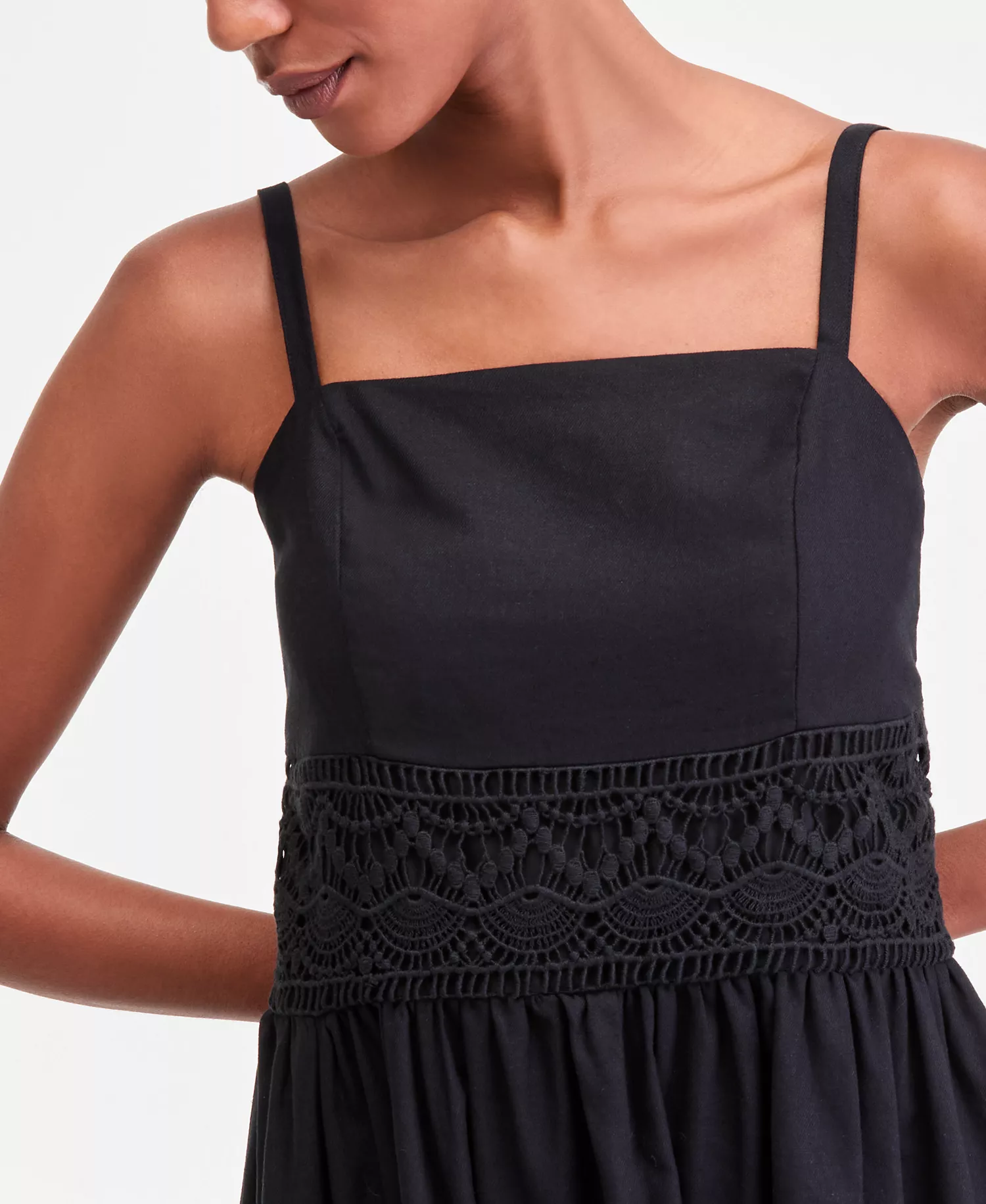 Women's Sleeveless Lace-Inset Cotton-Linen Blend Midi Dress, Macy's Exclusive - Deep Black - L