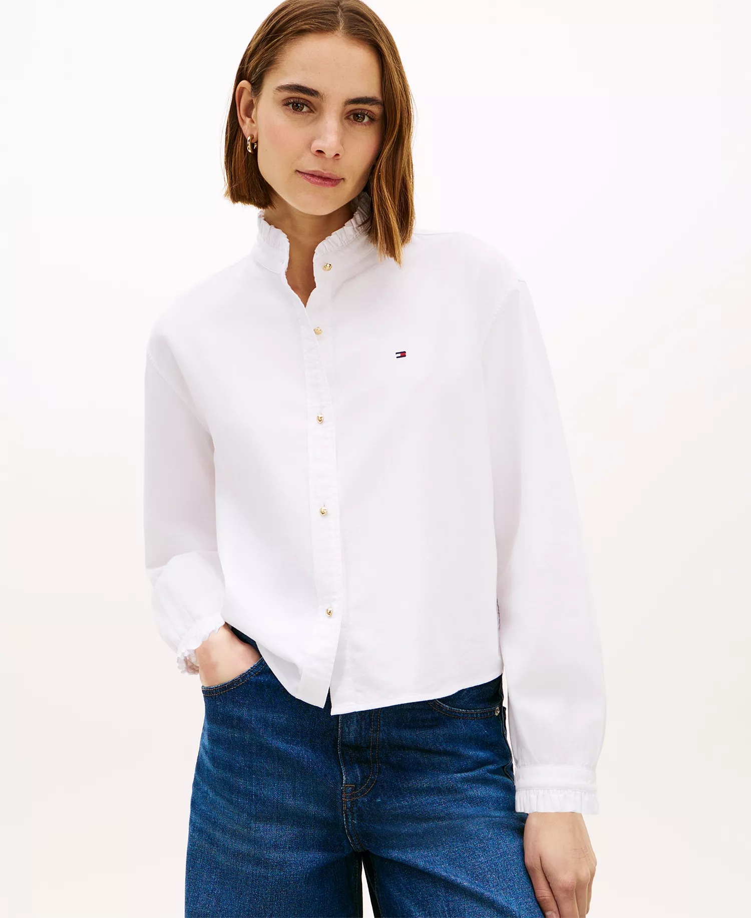 Women's Cropped Ruffled Oxford Collared Shirt - Optic White - 34