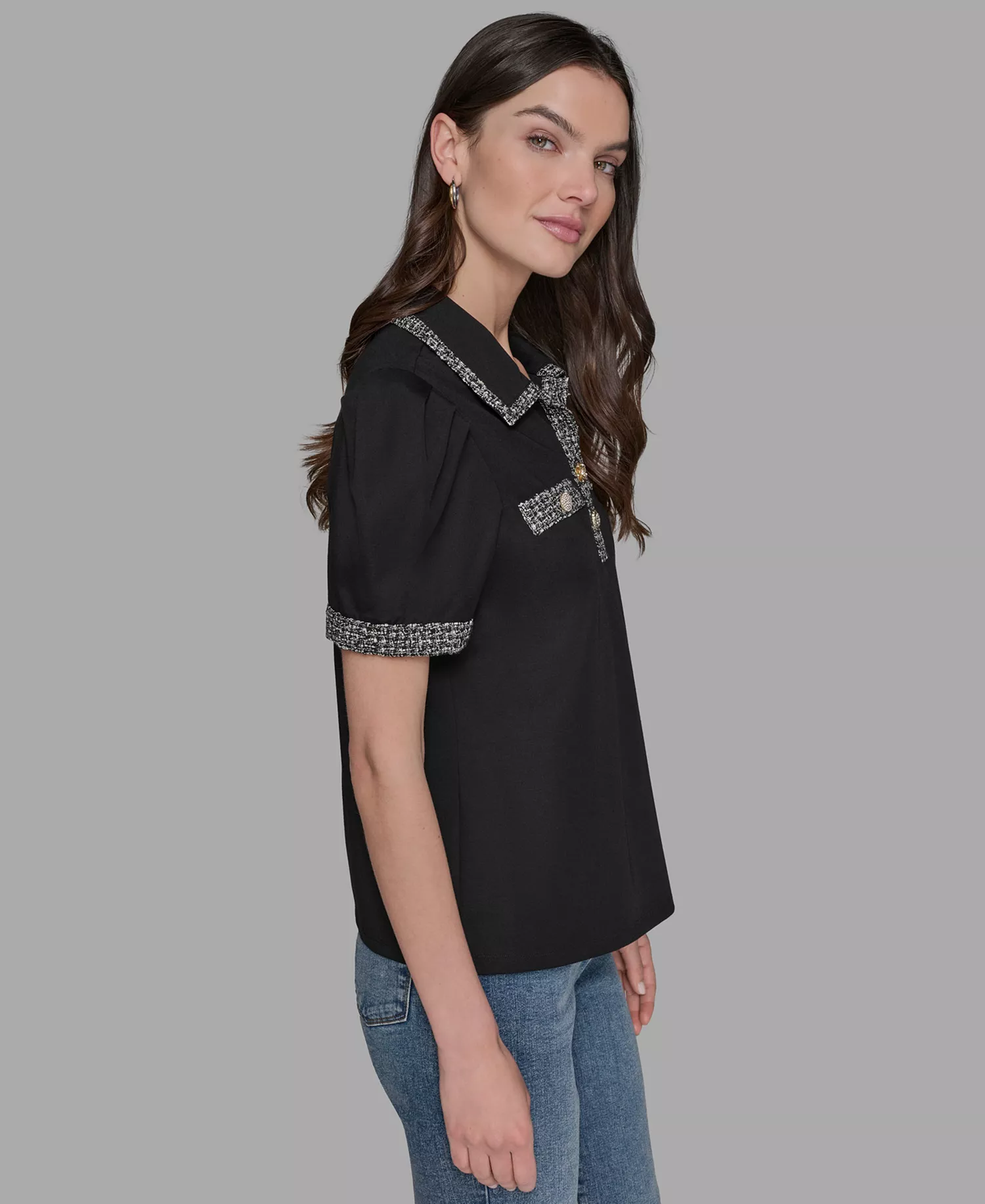Women's Short Sleeve Tweed Trim Knit Top - Black - L
