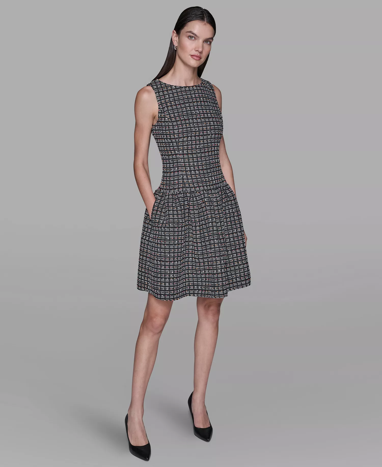 Women's Mini Grid Nubby Tweed Sheath Dress - Black/Soft White Multi - 10