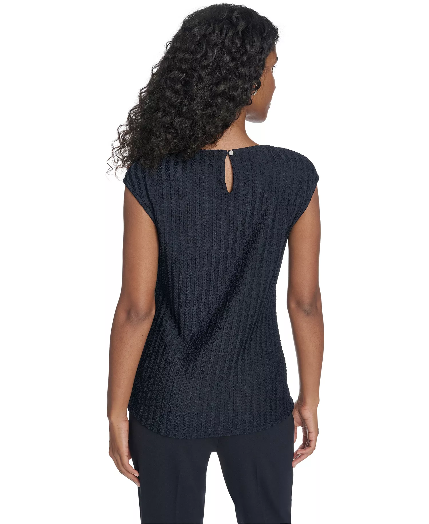 Women's Textured Cap Sleeve Top - Navy - L