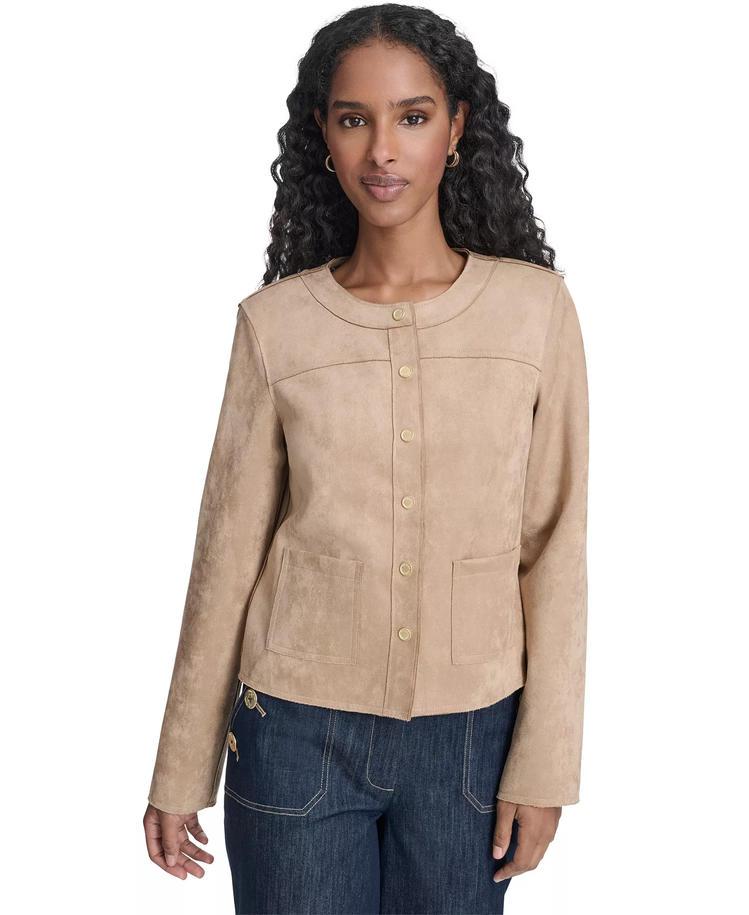 Women's Collarless Snap Front Jacket - Tannin - 0