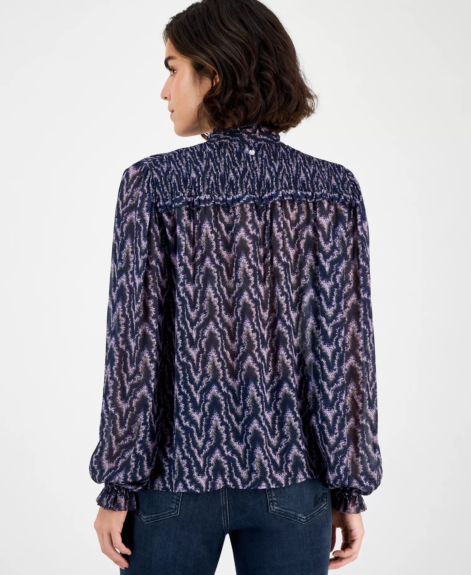 Women's Smocked Mock Neck Blouse - Amethyst Print - 14