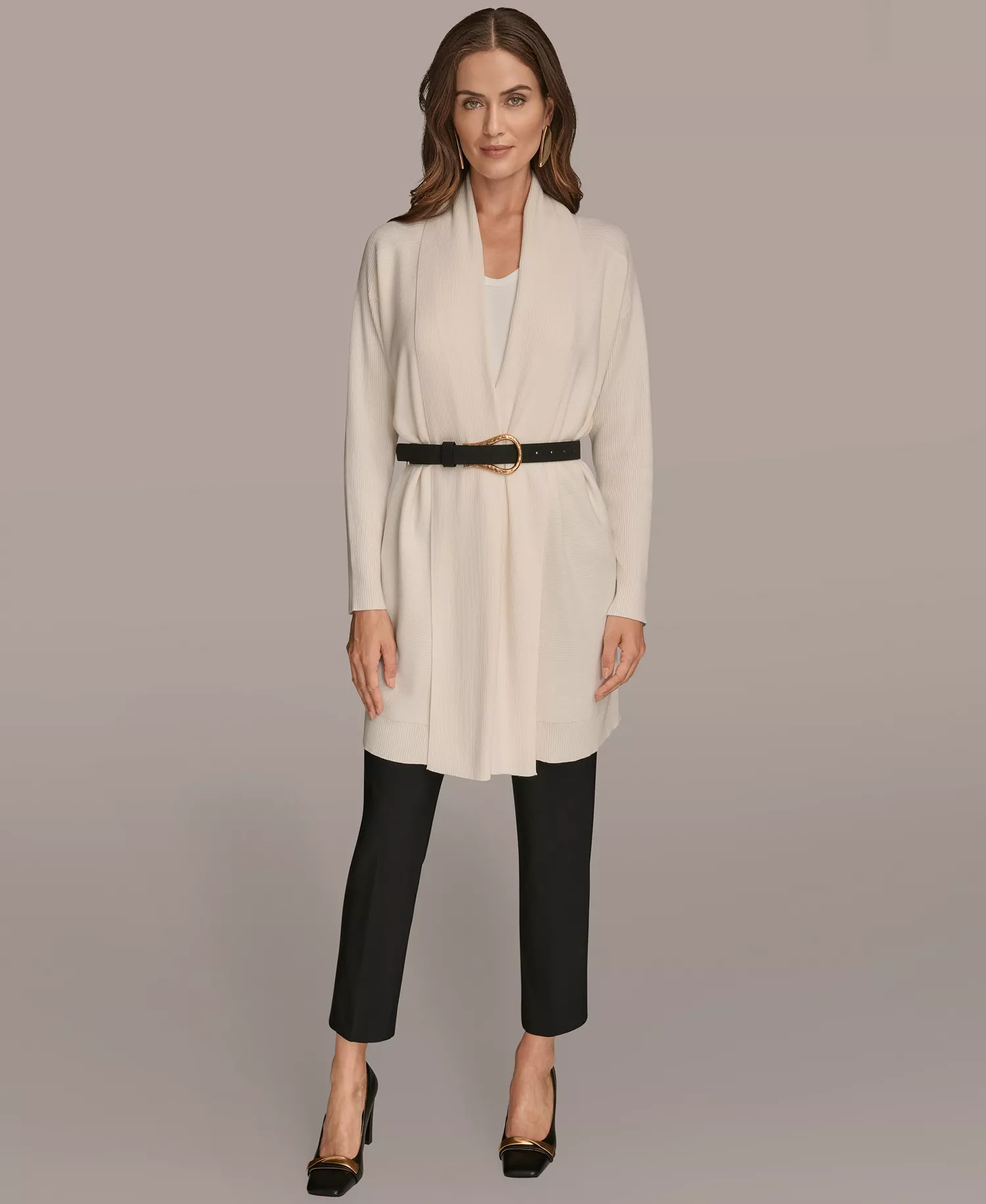 Women's Belted Open-Front Cardigan - Cream - L
