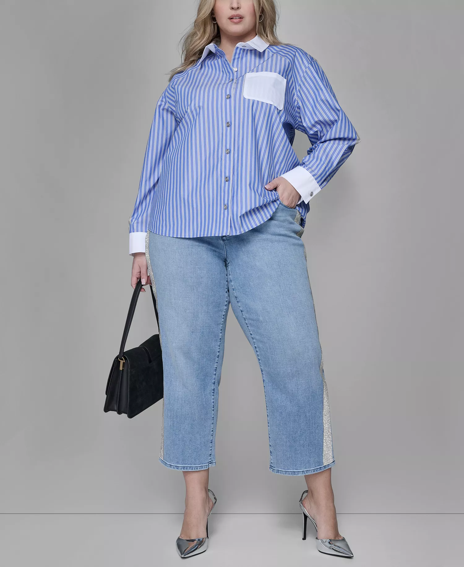 Women's Plus Size Long-Sleeve Stripe Shirt - French Blue Combo - 0X