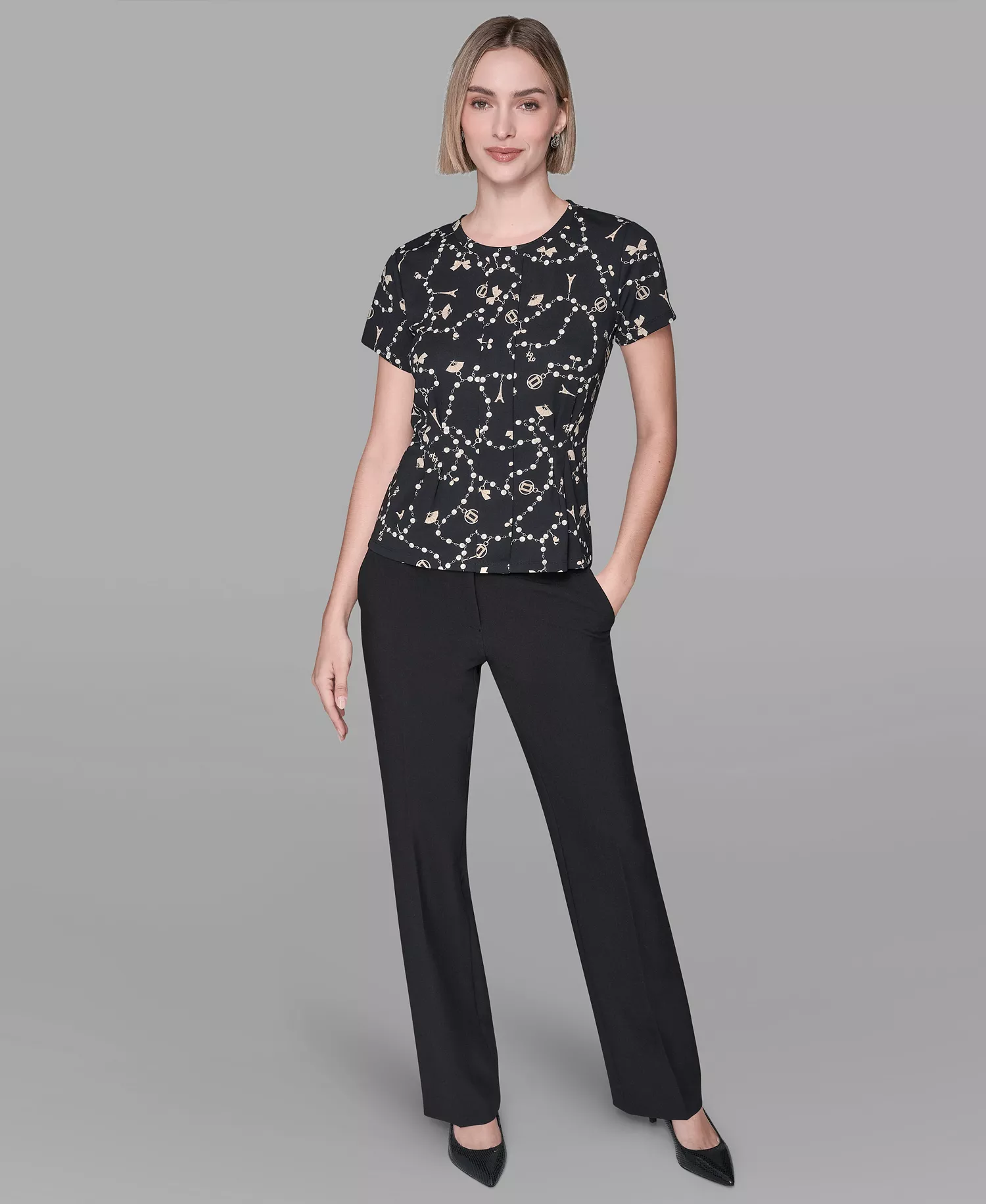 Women's Crewneck Pull-On Fitted Top - Black Multi - L