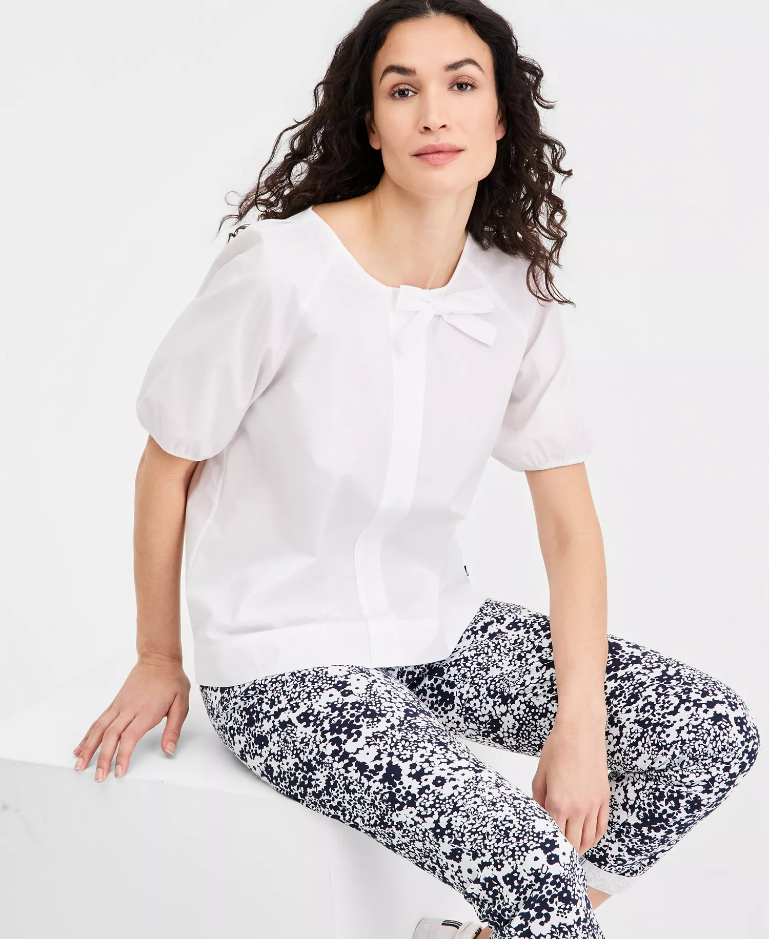 Nautica Bow-Trim Top & Floral-Print Pants - Bright White - L