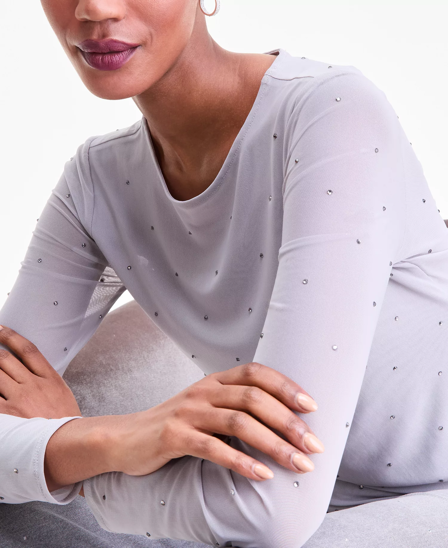 Women's Crystal Mesh Long Sleeve Top, Macy's Exclusive - Boulder Gray - L