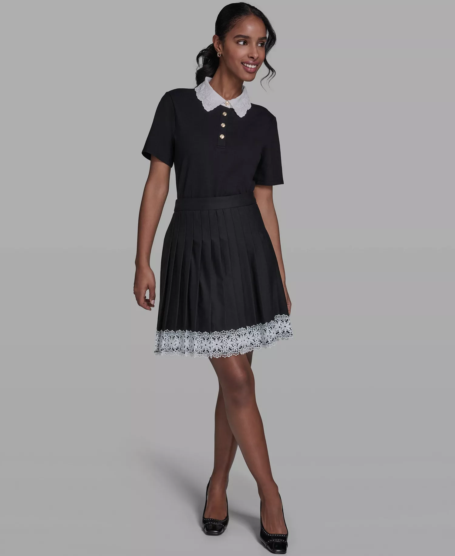 Women's Pleated Lace Trim Skirt - Black - 0