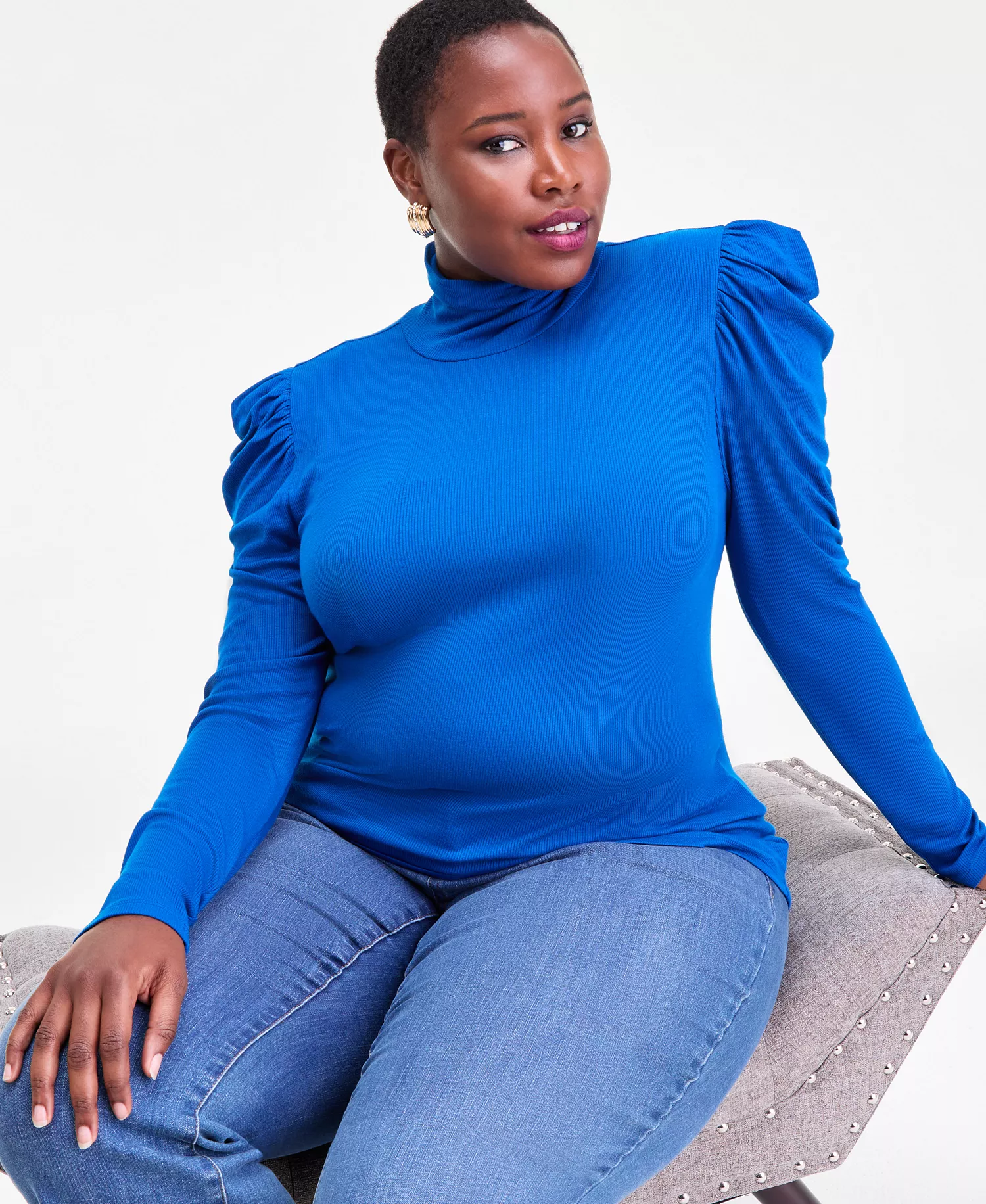 Plus Size Puff-Shoulder Ribbed Turtleneck, Created for Macy's - Cobalt Dre - 0X