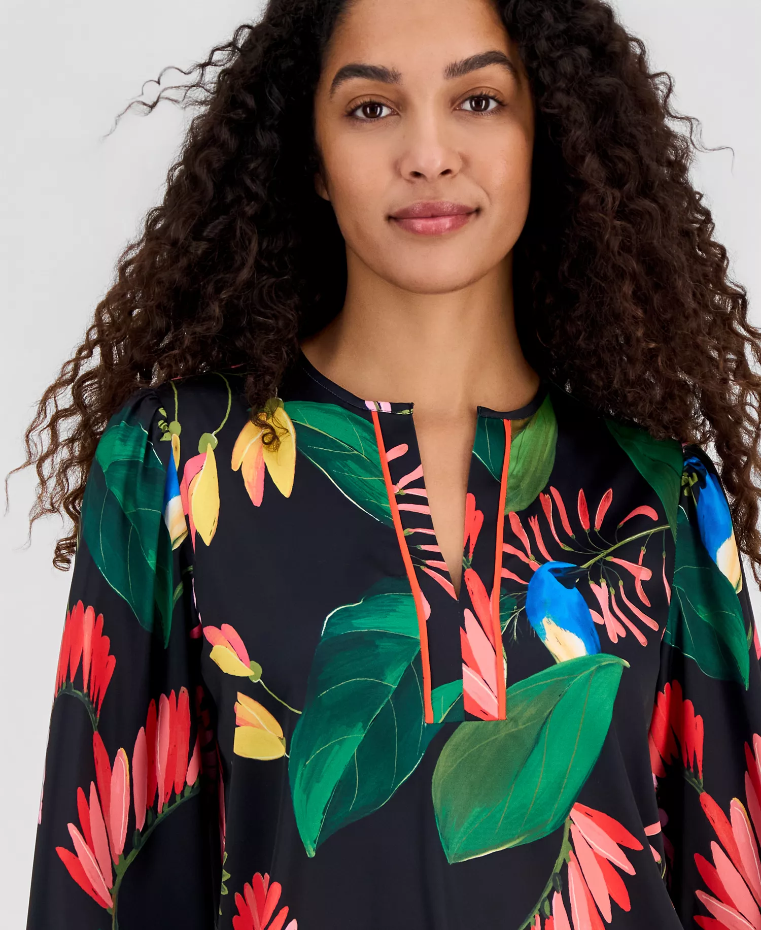 Women's Floral-Print Split-Neck Piping Blouse - Tropical Wonder Print - L