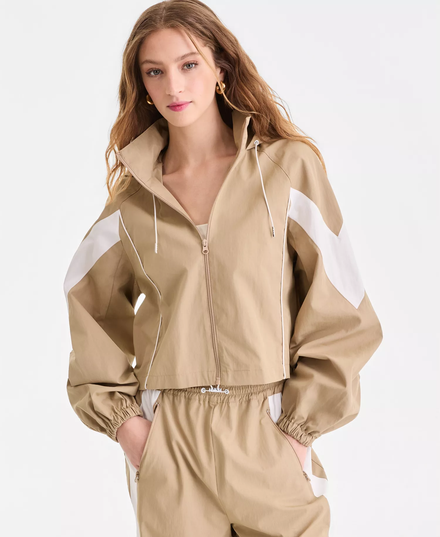Women's Nylon Hooded Track Jacket, Macy's Exclusive - Khaki - L