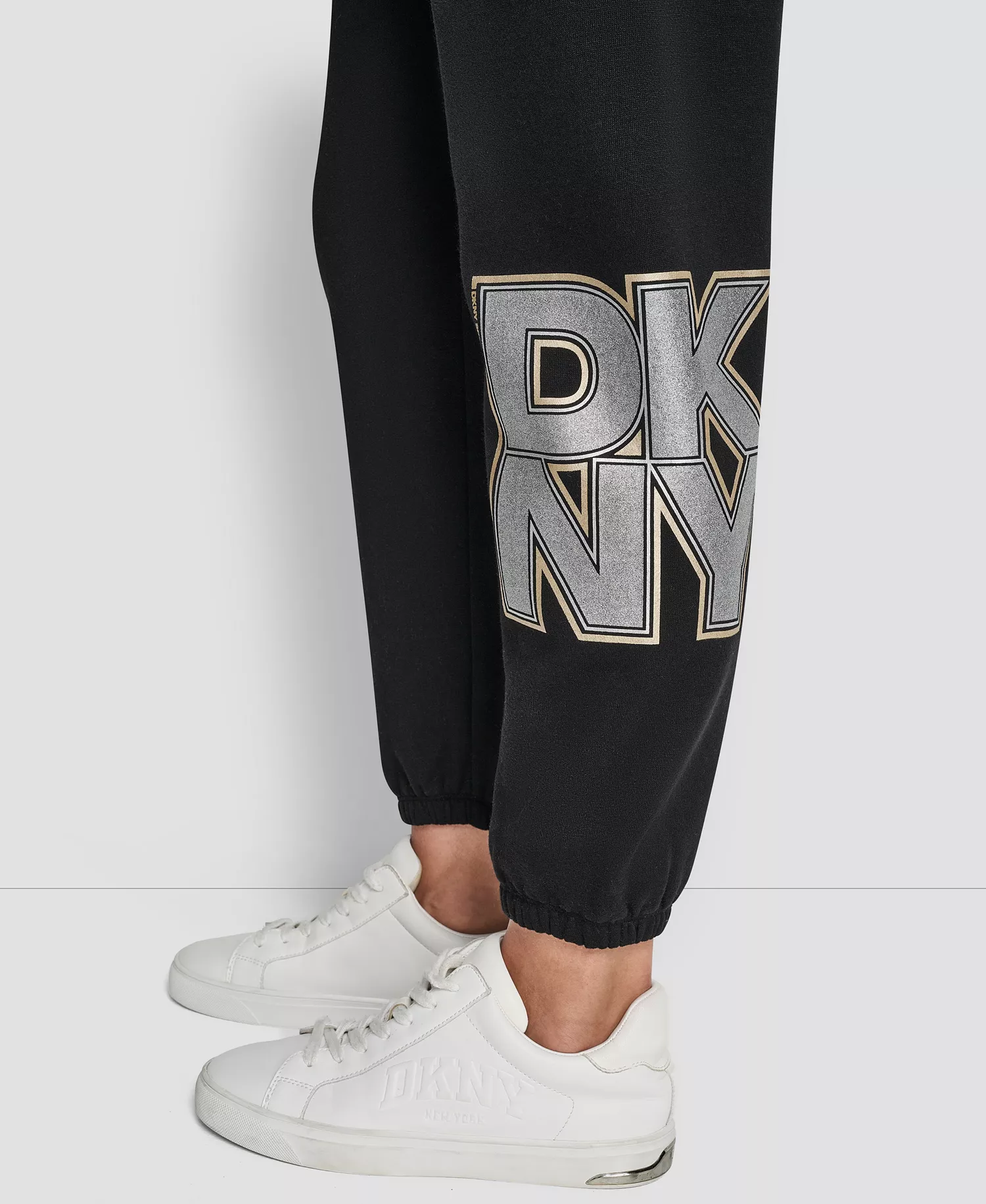 Women's Mixed Metal Stacked Glitter Logo Jogger - Black - L