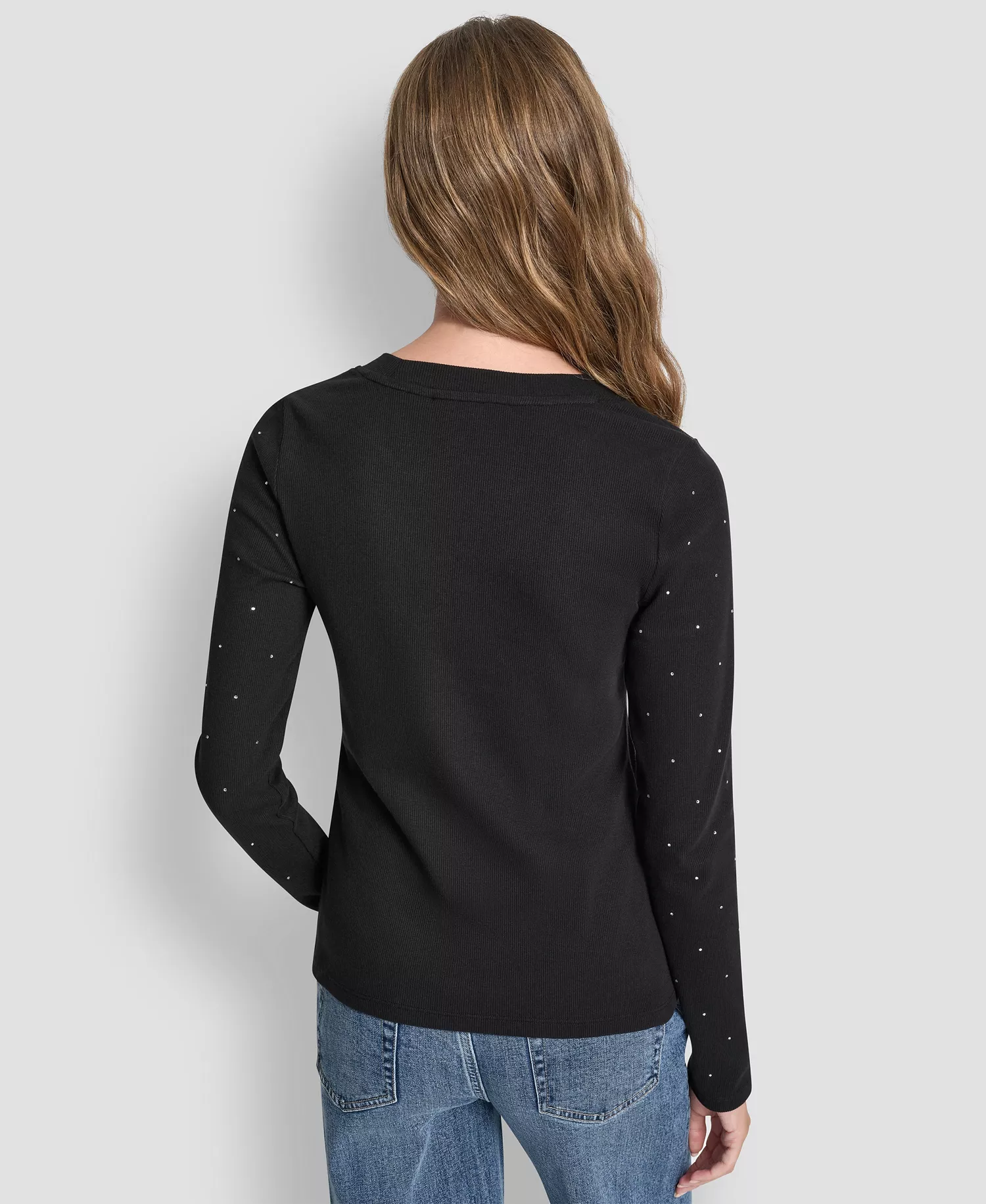 Women's Rhinestone-Embellished Crew Neck Sweater - Black - XS